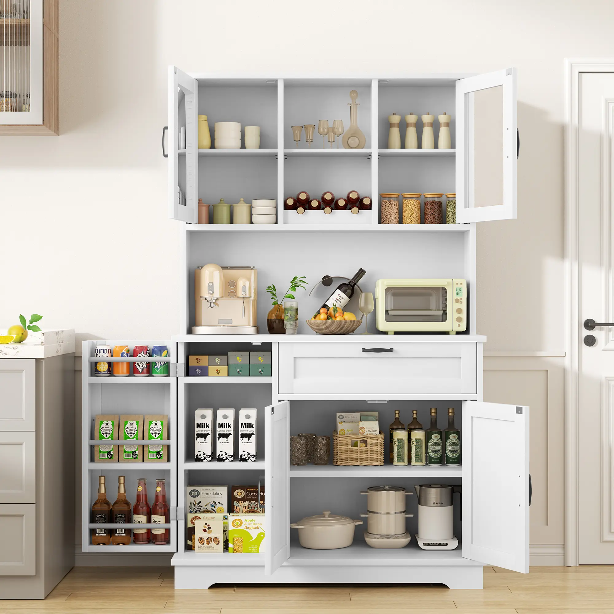 Armario de cocina Walsunny ajustable, aparador independiente con soporte para microondas, 4 puertas con estantes, estantes ajustables y botellero, color blanco.