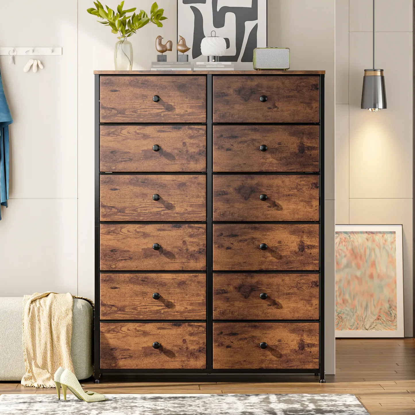 【Trucos económicos para el hogar】Cómoda alta Raybee de 16 cajones profundos para dormitorio, cómoda de tela extragrande con estructura de acero, unidad organizadora de torre de almacenamiento de ropa ancha para armario, dormitorio, sala de estar, muebles