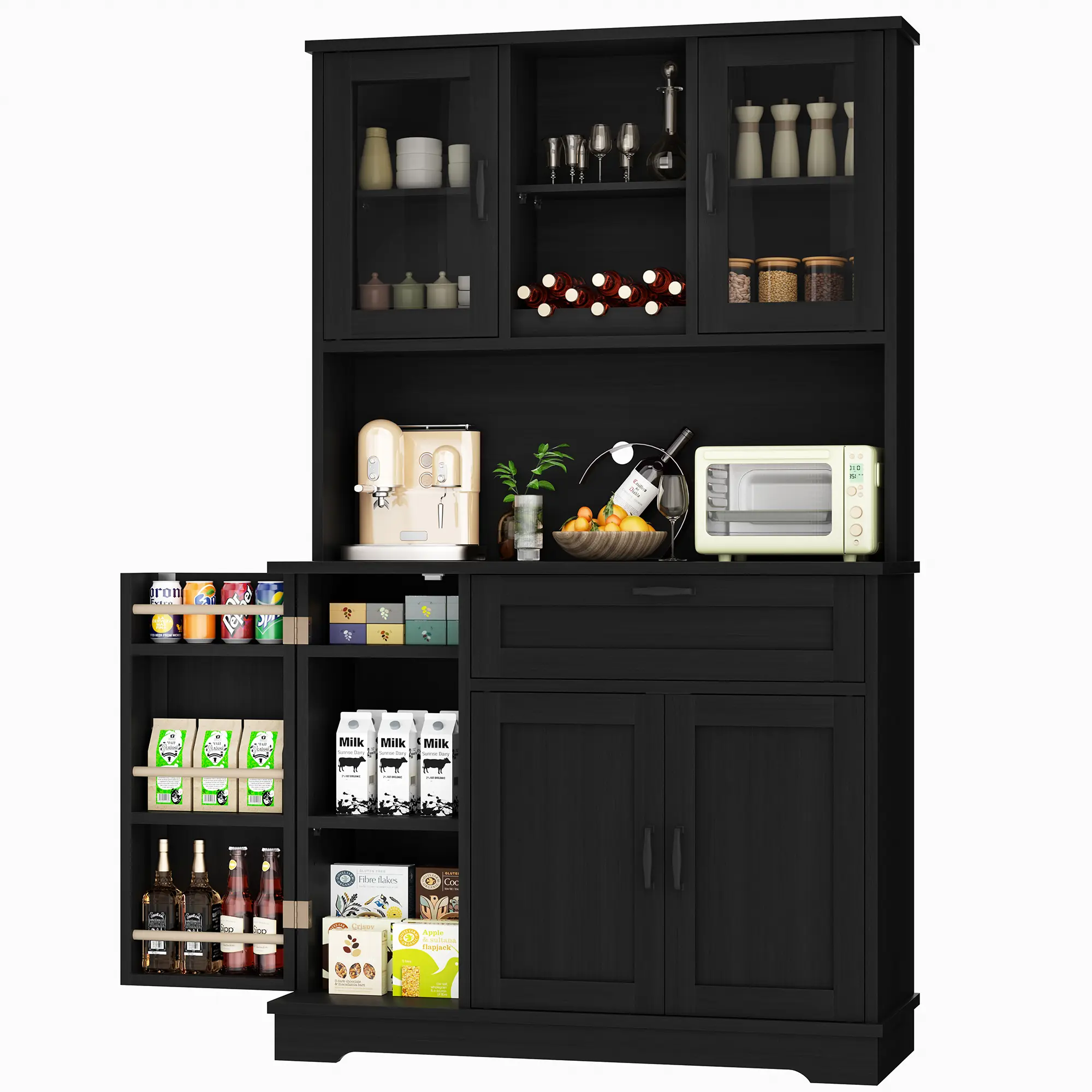 Armario de cocina Walsunny ajustable, aparador independiente con soporte para microondas, 4 puertas con estantes, estantes ajustables y botellero, color blanco.