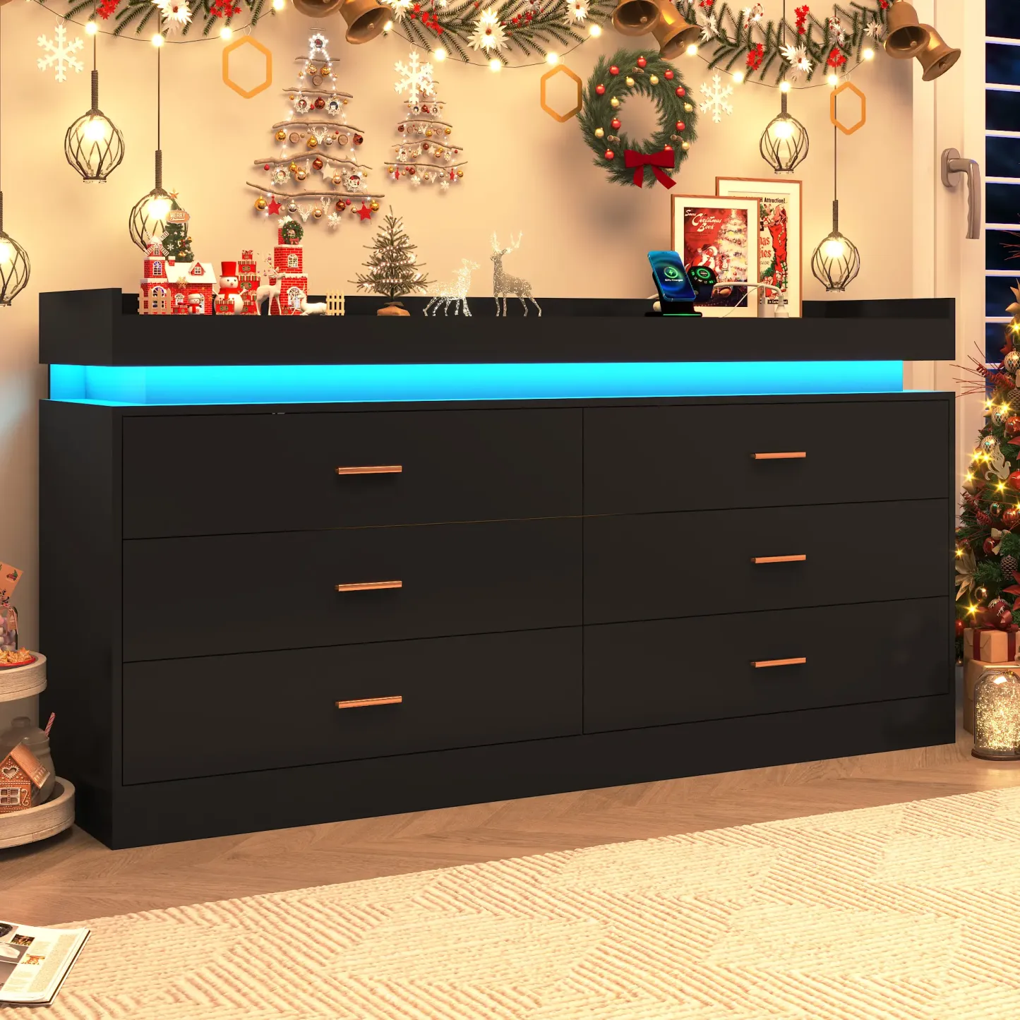 Cómoda con luz LED y estación de carga, cómoda moderna para armario, amplio mueble organizador de cajones para dormitorio, sala de estar, recibidor y pasillo.
