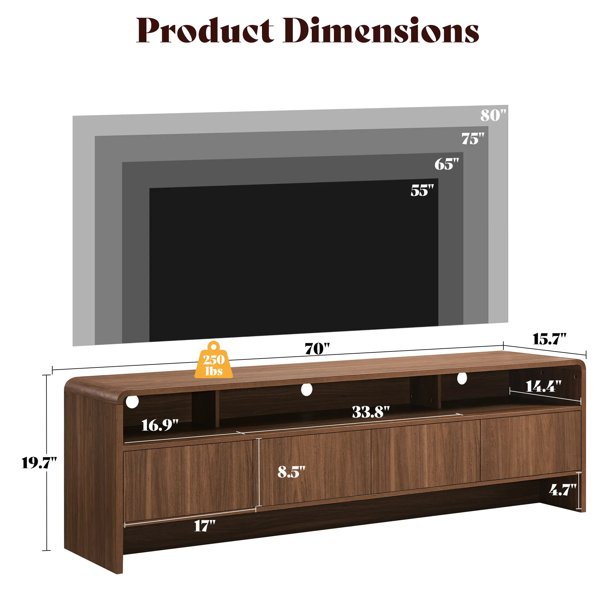 El mueble para TV moderno AMERLIFE de 70 pulgadas (compatible con televisores de hasta 80 pulgadas), fabricado en madera, presenta un diseño curvo e incluye dos armarios de almacenamiento, ideal como centro de entretenimiento multimedia para la sala de es
