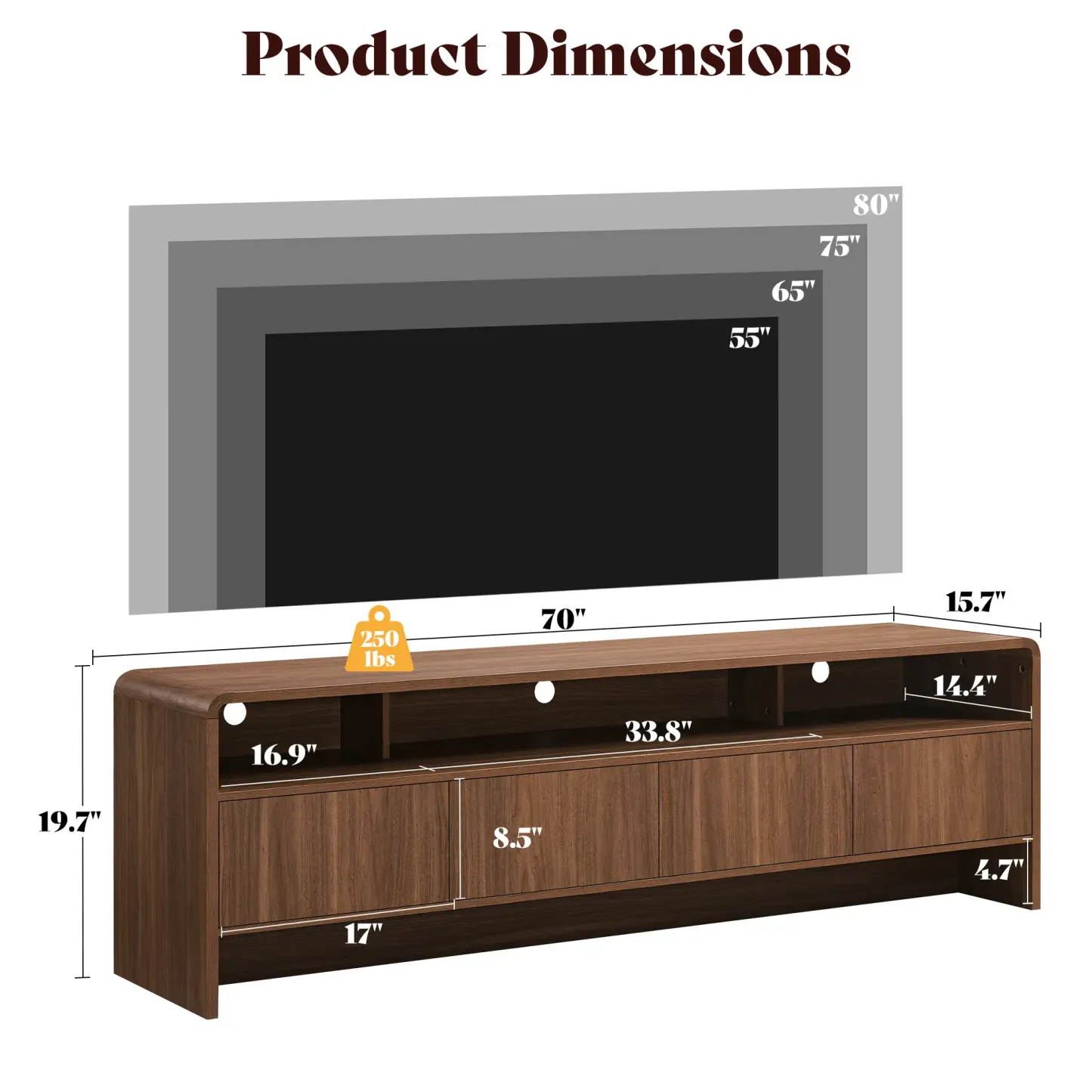 El mueble para TV moderno AMERLIFE de 70 pulgadas (compatible con televisores de hasta 80 pulgadas), fabricado en madera, presenta un diseño curvo e incluye dos armarios de almacenamiento, ideal como centro de entretenimiento multimedia para la sala de es