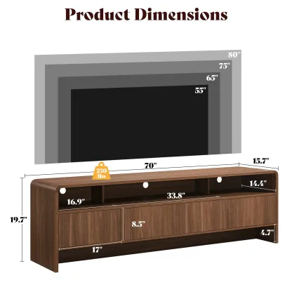 El mueble para TV moderno AMERLIFE de 70 pulgadas (compatible con televisores de hasta 80 pulgadas), fabricado en madera, presenta un diseño curvo e incluye dos armarios de almacenamiento, ideal como centro de entretenimiento multimedia para la sala de es