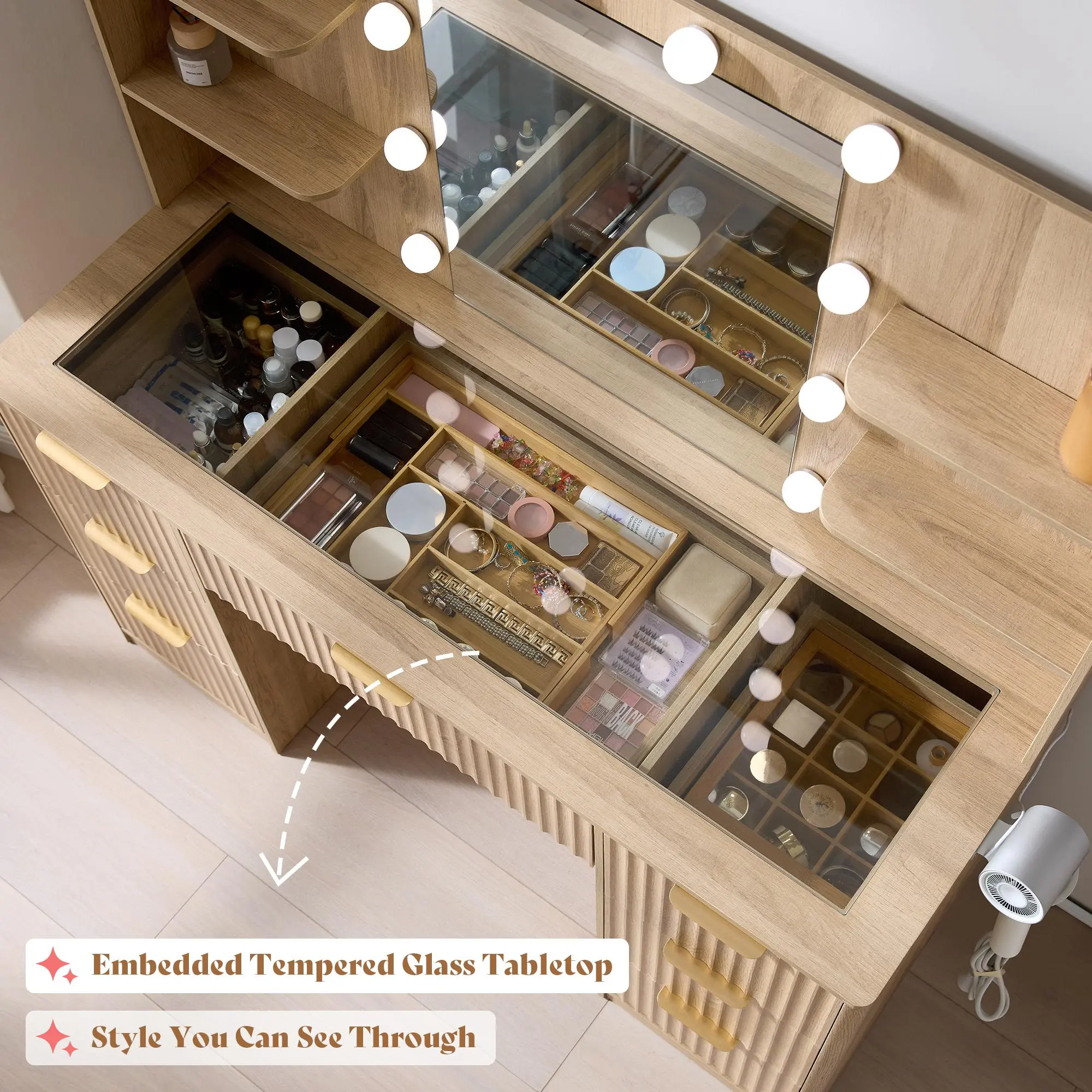 Tocador empotrado AMERLIFE de 36,2/47,2 pulgadas con espejo y luz LED ajustable, 4/7 cajones grandes, encimera de cristal y estación de carga, perfecto para mujeres y niñas.