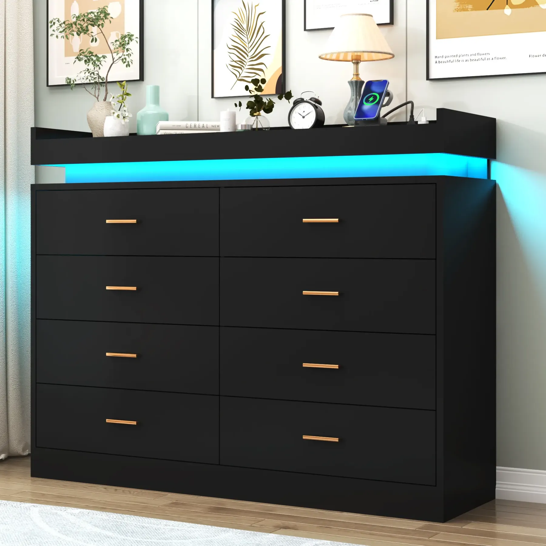 Cómoda con luz LED y estación de carga, cómoda moderna para armario, amplio mueble organizador de cajones para dormitorio, sala de estar, recibidor y pasillo.