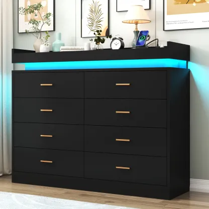 Cómoda con luz LED y estación de carga, cómoda moderna para armario, amplio mueble organizador de cajones para dormitorio, sala de estar, recibidor y pasillo.
