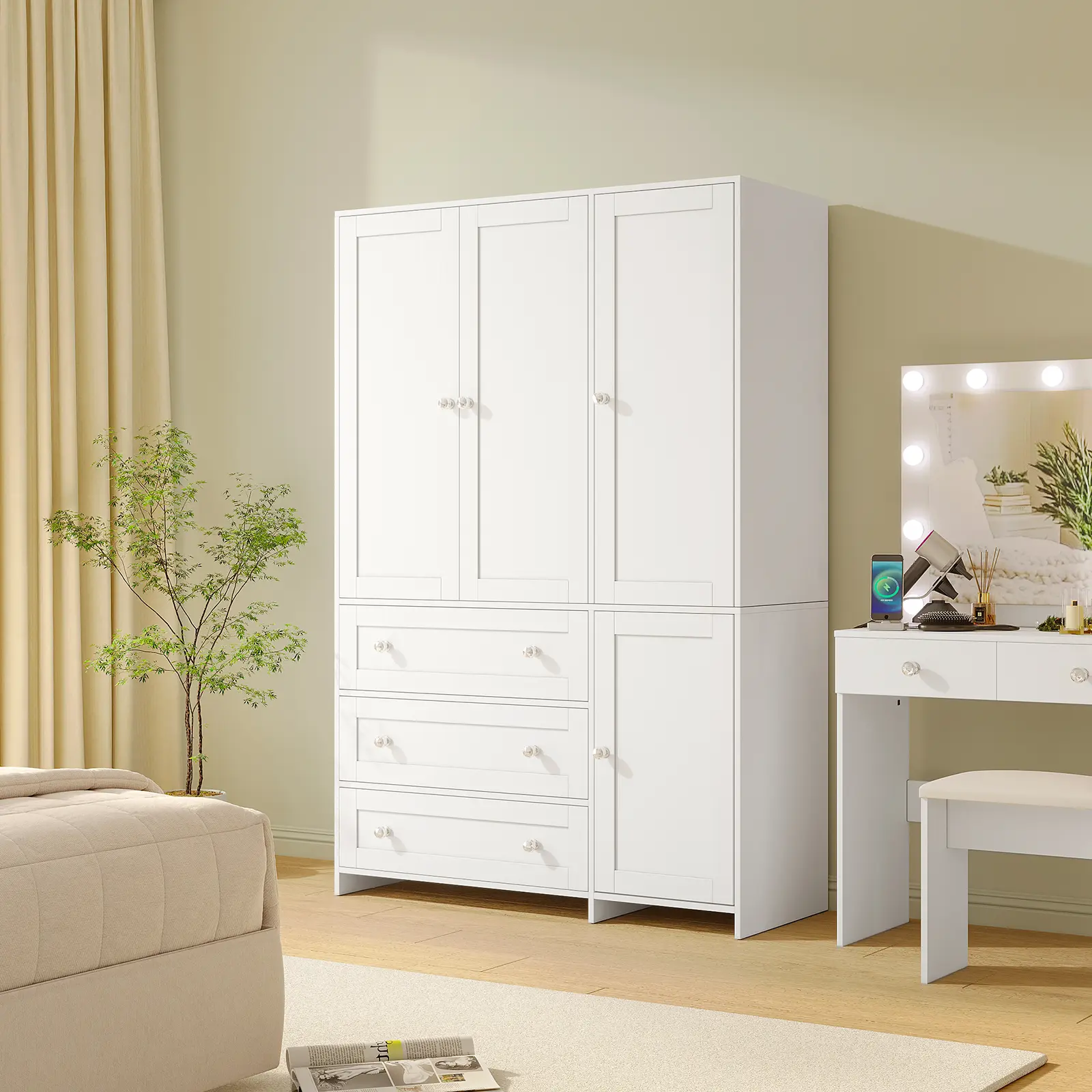 Armario de madera VOWNER, mueble de almacenamiento con 3 puertas y barra para colgar ropa, ideal para dormitorios. Armario alto independiente de gran capacidad con estantes.