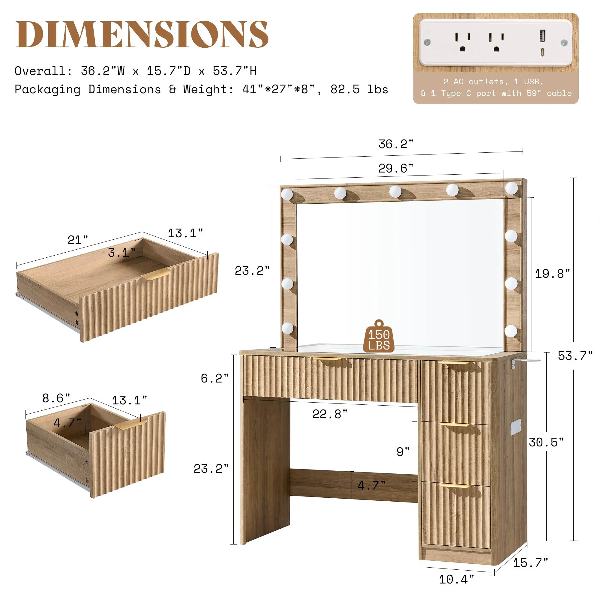 Tocador empotrado AMERLIFE de 36,2/47,2 pulgadas con espejo y luz LED ajustable, 4/7 cajones grandes, encimera de cristal y estación de carga, perfecto para mujeres y niñas.