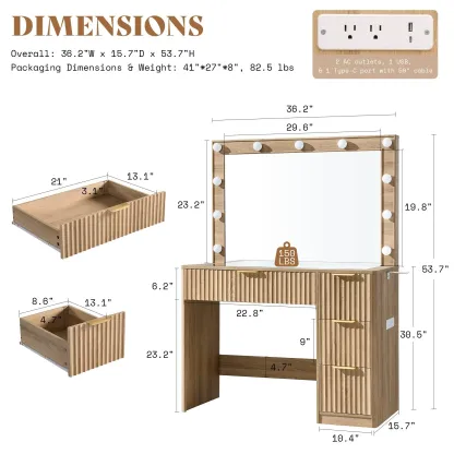 Tocador empotrado AMERLIFE de 36,2/47,2 pulgadas con espejo y luz LED ajustable, 4/7 cajones grandes, encimera de cristal y estación de carga, perfecto para mujeres y niñas.