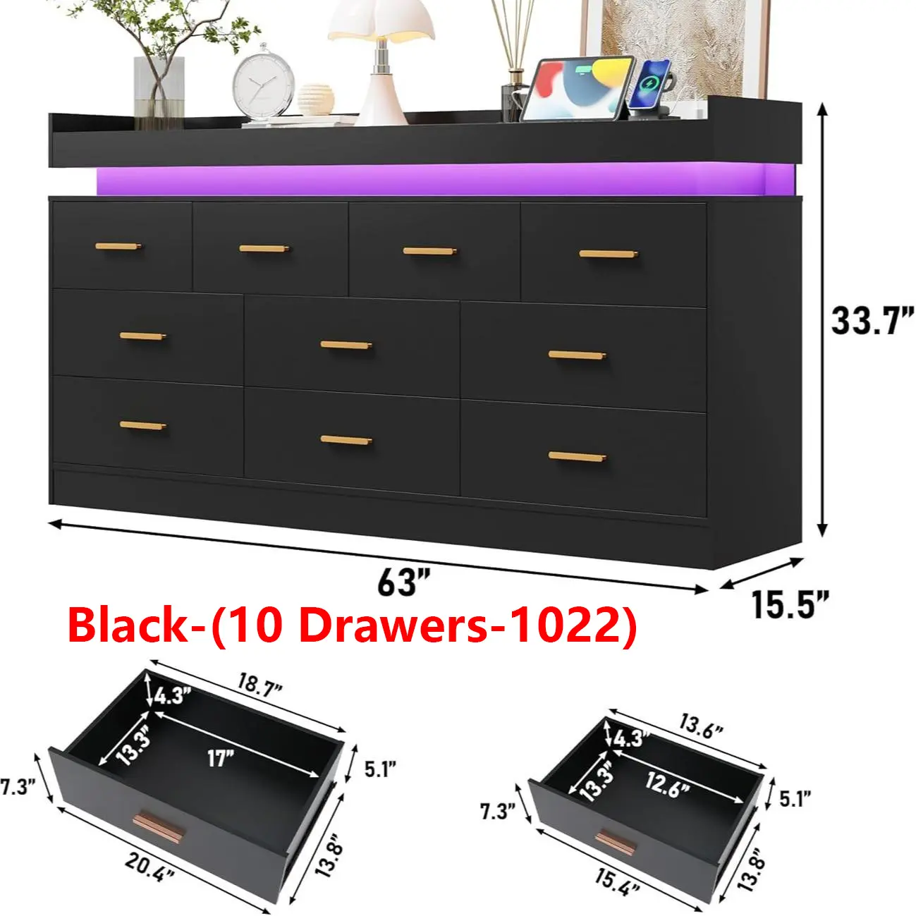 Cómoda con luz LED y estación de carga, cómoda moderna para armario, amplio mueble organizador de cajones para dormitorio, sala de estar, recibidor y pasillo.