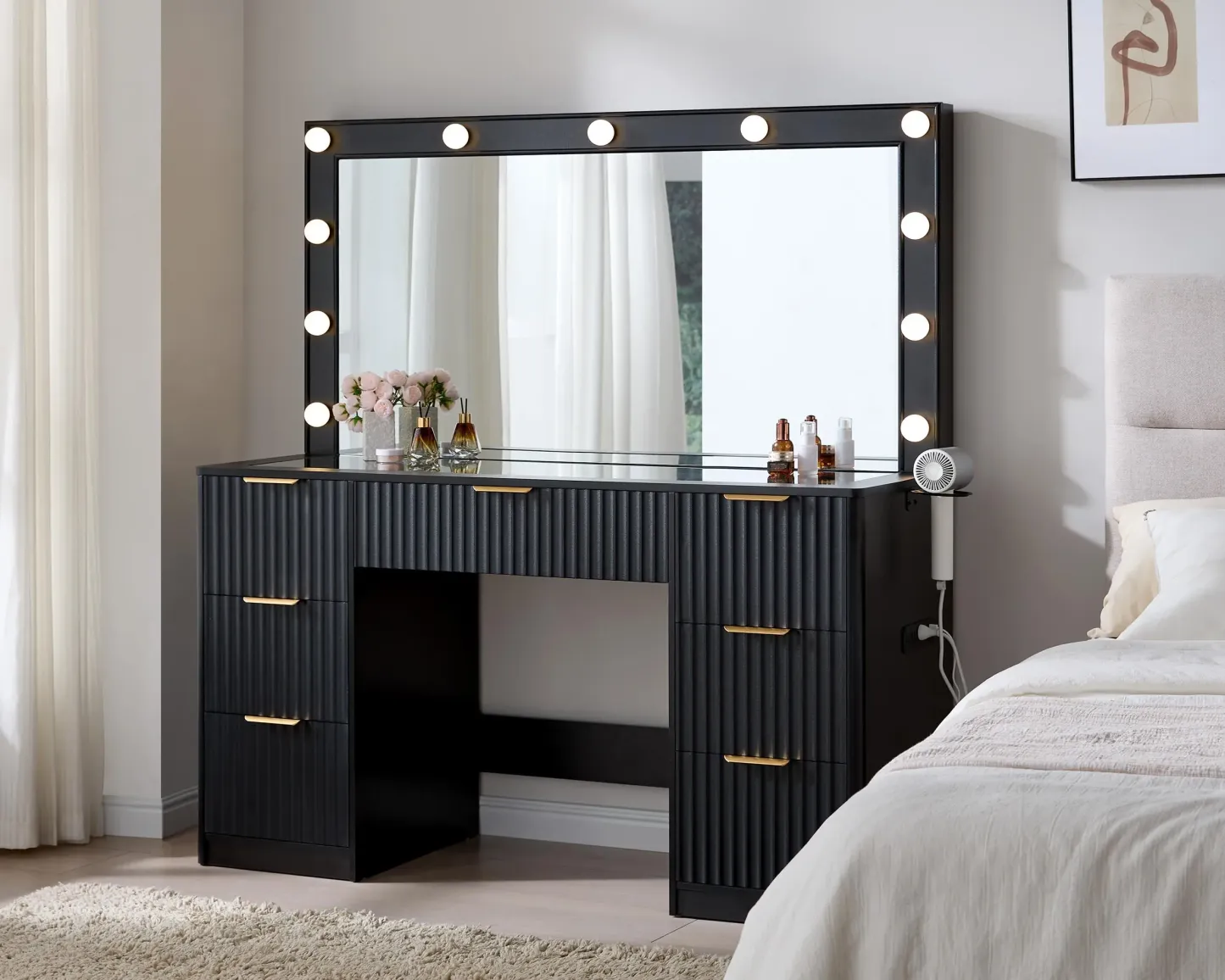 Tocador empotrado AMERLIFE de 36,2/47,2 pulgadas con espejo y luz LED ajustable, 4/7 cajones grandes, encimera de cristal y estación de carga, perfecto para mujeres y niñas.