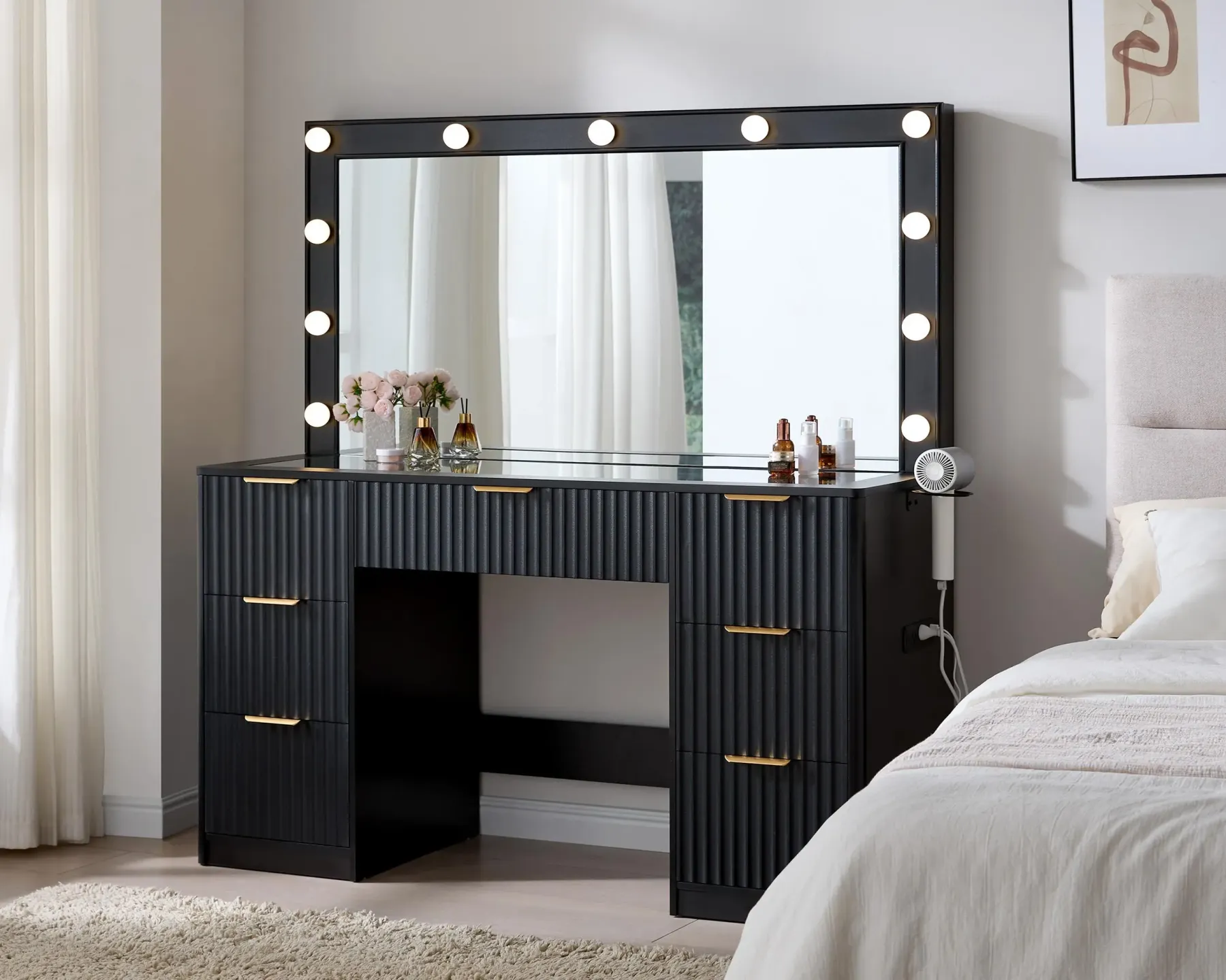 Tocador empotrado AMERLIFE de 36,2/47,2 pulgadas con espejo y luz LED ajustable, 4/7 cajones grandes, encimera de cristal y estación de carga, perfecto para mujeres y niñas.