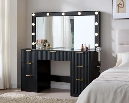 Tocador empotrado AMERLIFE de 36,2/47,2 pulgadas con espejo y luz LED ajustable, 4/7 cajones grandes, encimera de cristal y estación de carga, perfecto para mujeres y niñas.