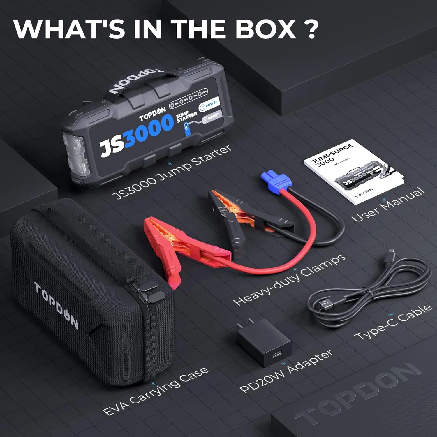 TOPDON JS3000 — Arrancador de baterías portátil de 12V y 3000A (Jump Starter) para automóviles, apto para motores de gasolina de hasta 9L y diésel de hasta 7L; kit de herramientas automotrices con batería de 24000 mAh.