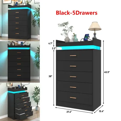 Cómoda con luz LED y estación de carga, cómoda moderna para armario, amplio mueble organizador de cajones para dormitorio, sala de estar, recibidor y pasillo.