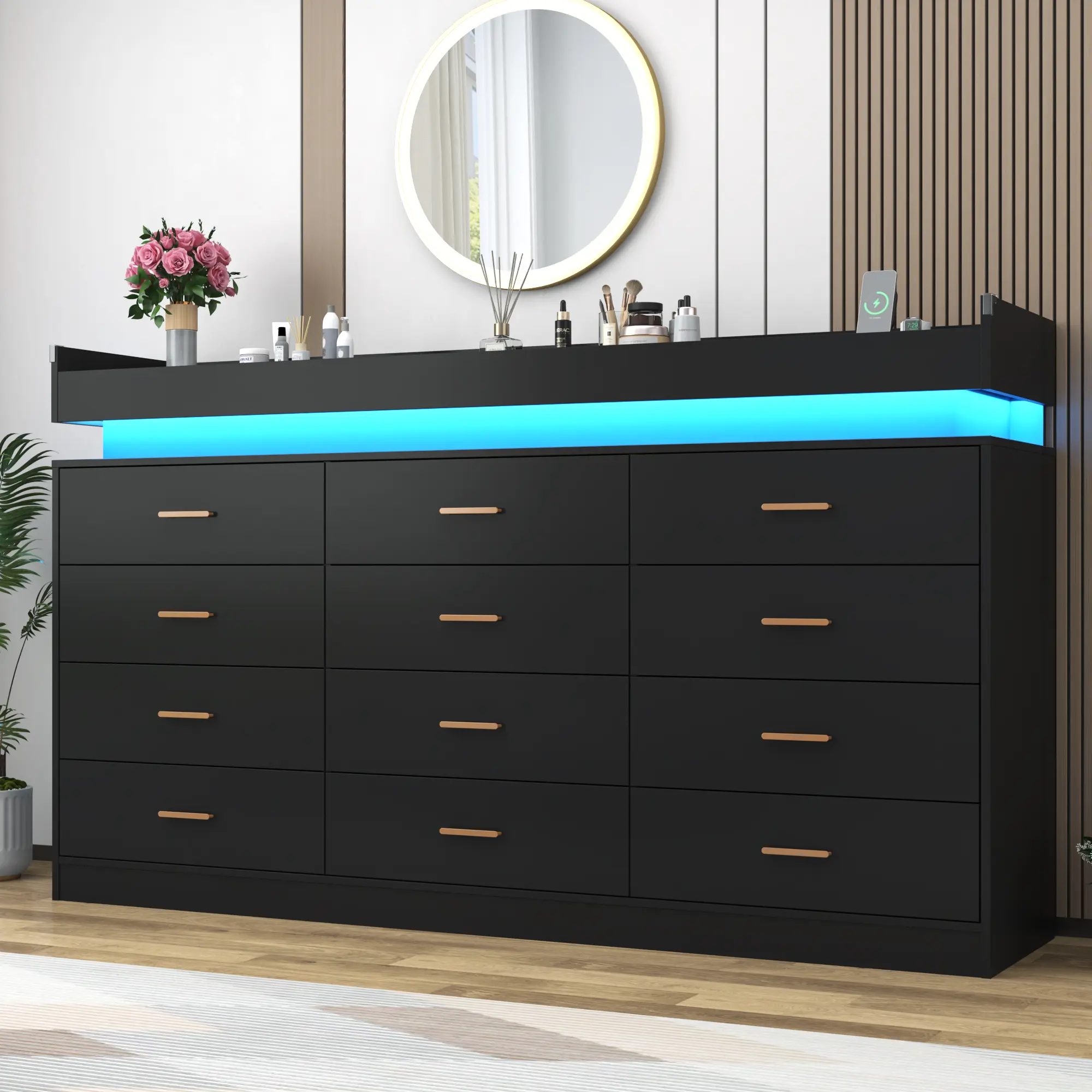 Cómoda con luz LED y estación de carga, cómoda moderna para armario, amplio mueble organizador de cajones para dormitorio, sala de estar, recibidor y pasillo.