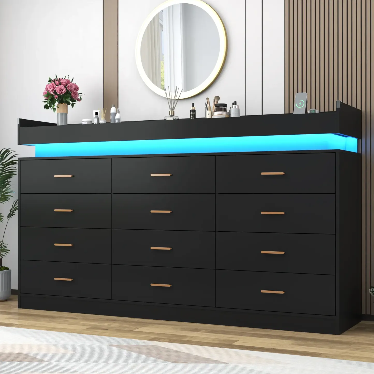 Cómoda con luz LED y estación de carga, cómoda moderna para armario, amplio mueble organizador de cajones para dormitorio, sala de estar, recibidor y pasillo.