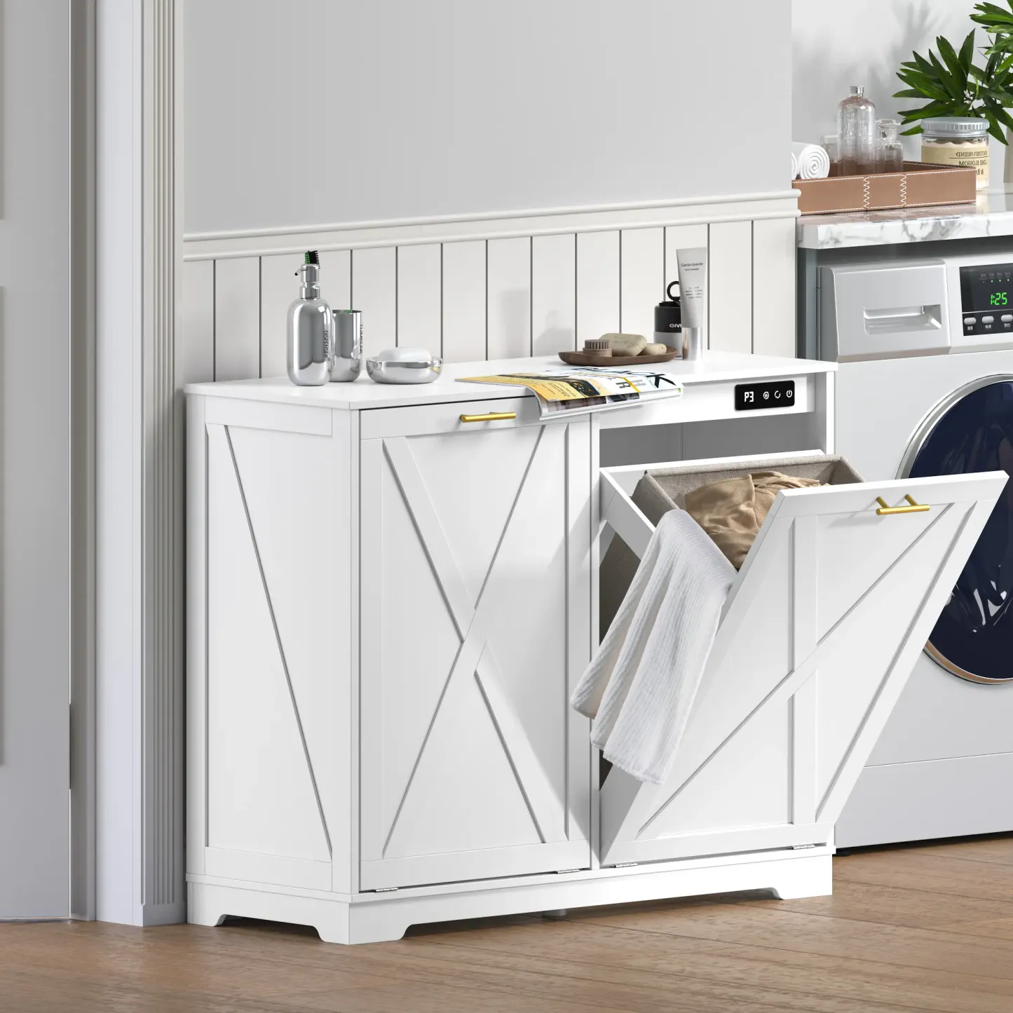 Armario basculante para 2 contenedores de basura, compartimento oculto para reciclaje, armario doble de madera para lavandería con control de olores, iones negativos y ozono, para cocina, baño, lavadero, artículos esenciales para dormitorios, decoración d
