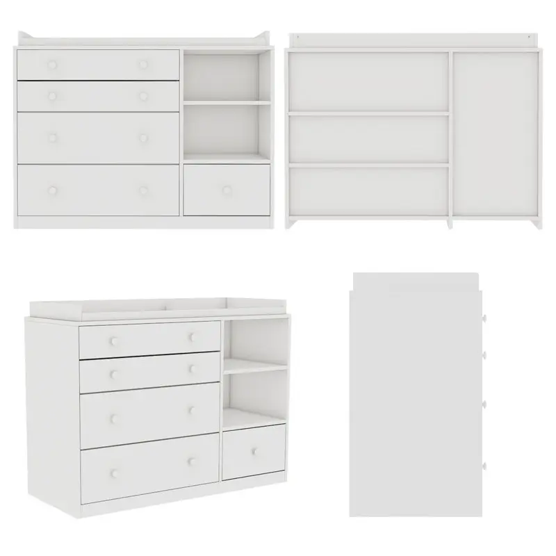 Cómoda cambiador Deborah en blanco antiguo con estantes a la vista, 5 cajones a la vista y espacio para cambiador, fabricada en madera de ingeniería de alta calidad.