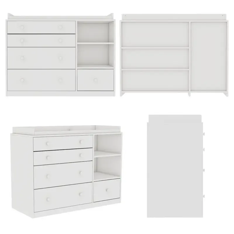 Cómoda cambiador Deborah en blanco antiguo con estantes a la vista, 5 cajones a la vista y espacio para cambiador, fabricada en madera de ingeniería de alta calidad.