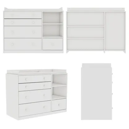 Cómoda cambiador Deborah en blanco antiguo con estantes a la vista, 5 cajones a la vista y espacio para cambiador, fabricada en madera de ingeniería de alta calidad.