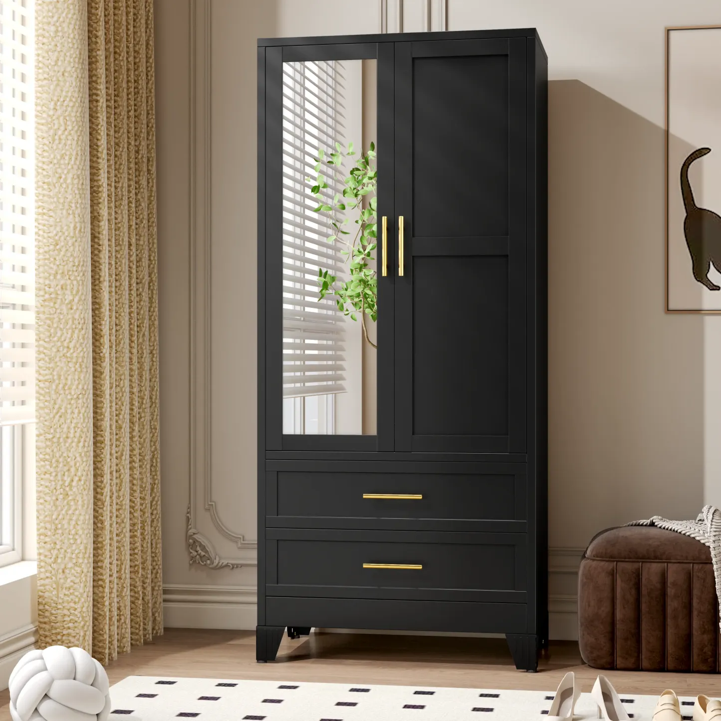 Armario metálico de 180 cm de altura para dormitorio con espejo, 2 cajones, estantes ajustables y barra para colgar ropa. Armario de acero para ropa y almacenamiento para dormitorio.