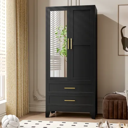 Armario metálico de 180 cm de altura para dormitorio con espejo, 2 cajones, estantes ajustables y barra para colgar ropa. Armario de acero para ropa y almacenamiento para dormitorio.