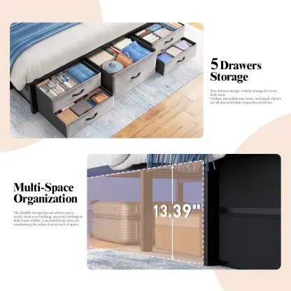 Estructura de cama moderna de metal tapizado (apta para camas King/Queen/Full) con 5 cajones de almacenamiento de tela; el cabecero integra una estación de carga y estantes con tira de luz LED; altura libre de 34 cm debajo de la cama, ideal para apartamen