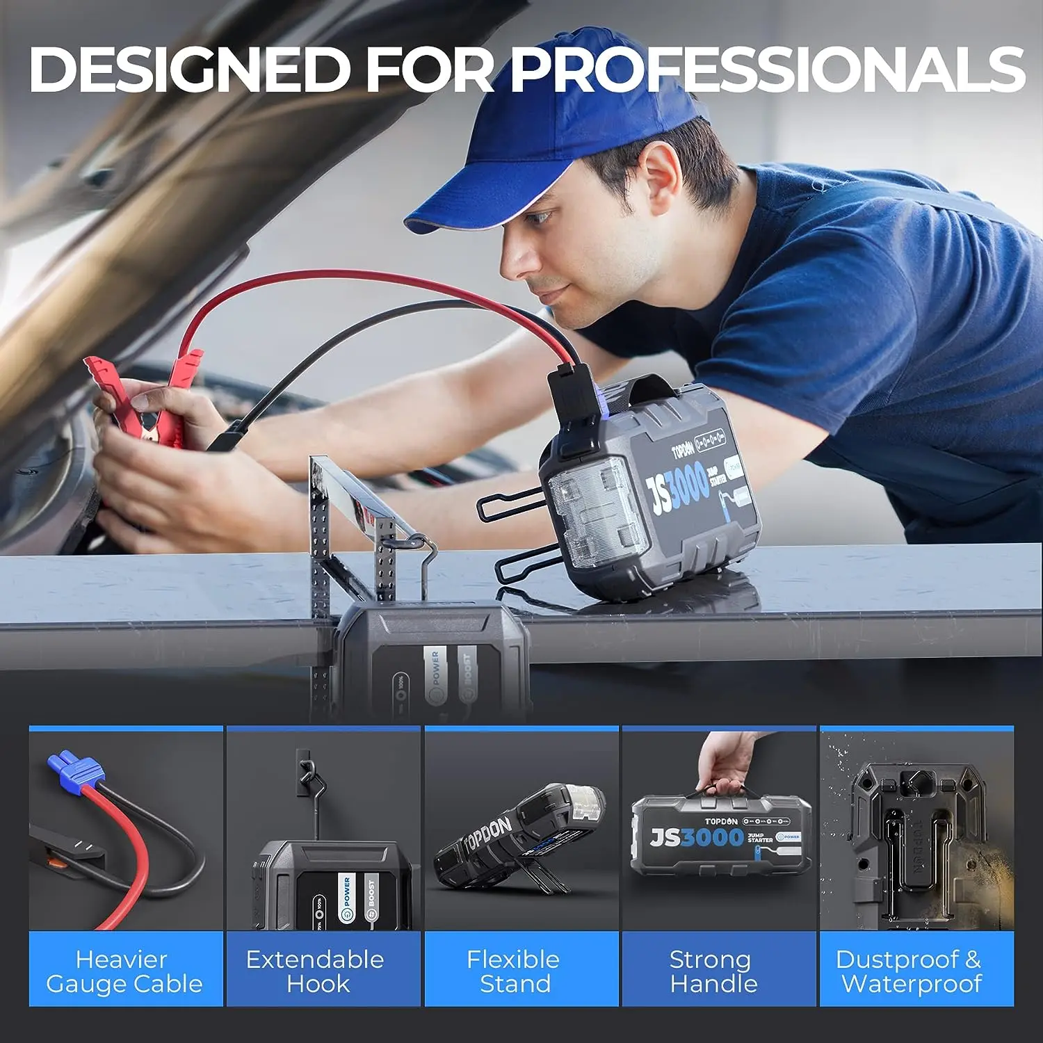 TOPDON JS3000 — Arrancador de baterías portátil de 12V y 3000A (Jump Starter) para automóviles, apto para motores de gasolina de hasta 9L y diésel de hasta 7L; kit de herramientas automotrices con batería de 24000 mAh.