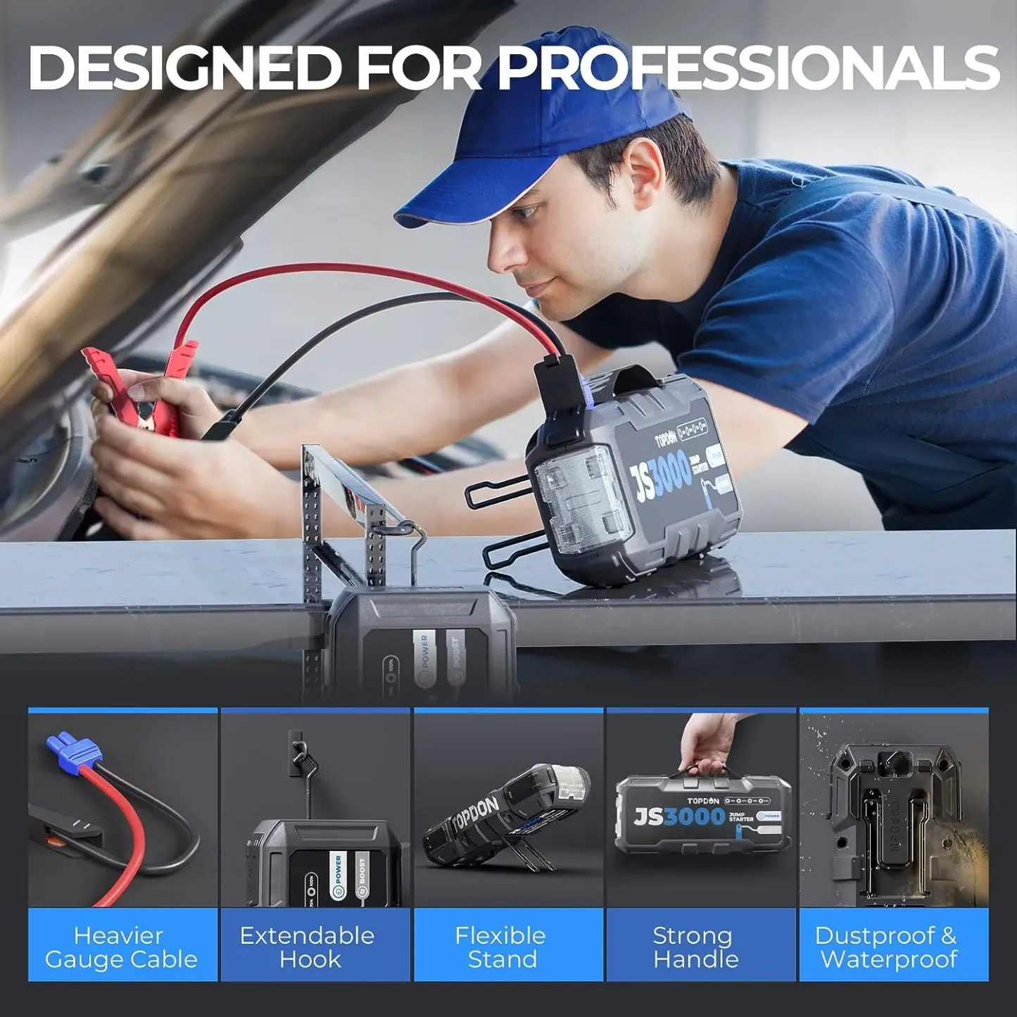 TOPDON JS3000 — Arrancador de baterías portátil de 12V y 3000A (Jump Starter) para automóviles, apto para motores de gasolina de hasta 9L y diésel de hasta 7L; kit de herramientas automotrices con batería de 24000 mAh.