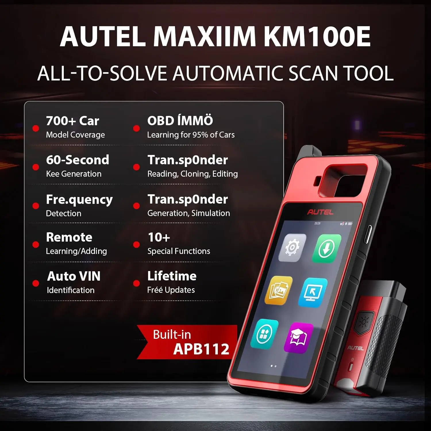 Herramienta de diagnóstico y programación automotriz Autel MaxiIM KM100E, escáner automático de VIN, con APB112 integrado, aprendizaje OBD compatible con el 95% de los vehículos, actualizaciones gratuitas de por vida; equivalente a los modelos KM100/KM100
