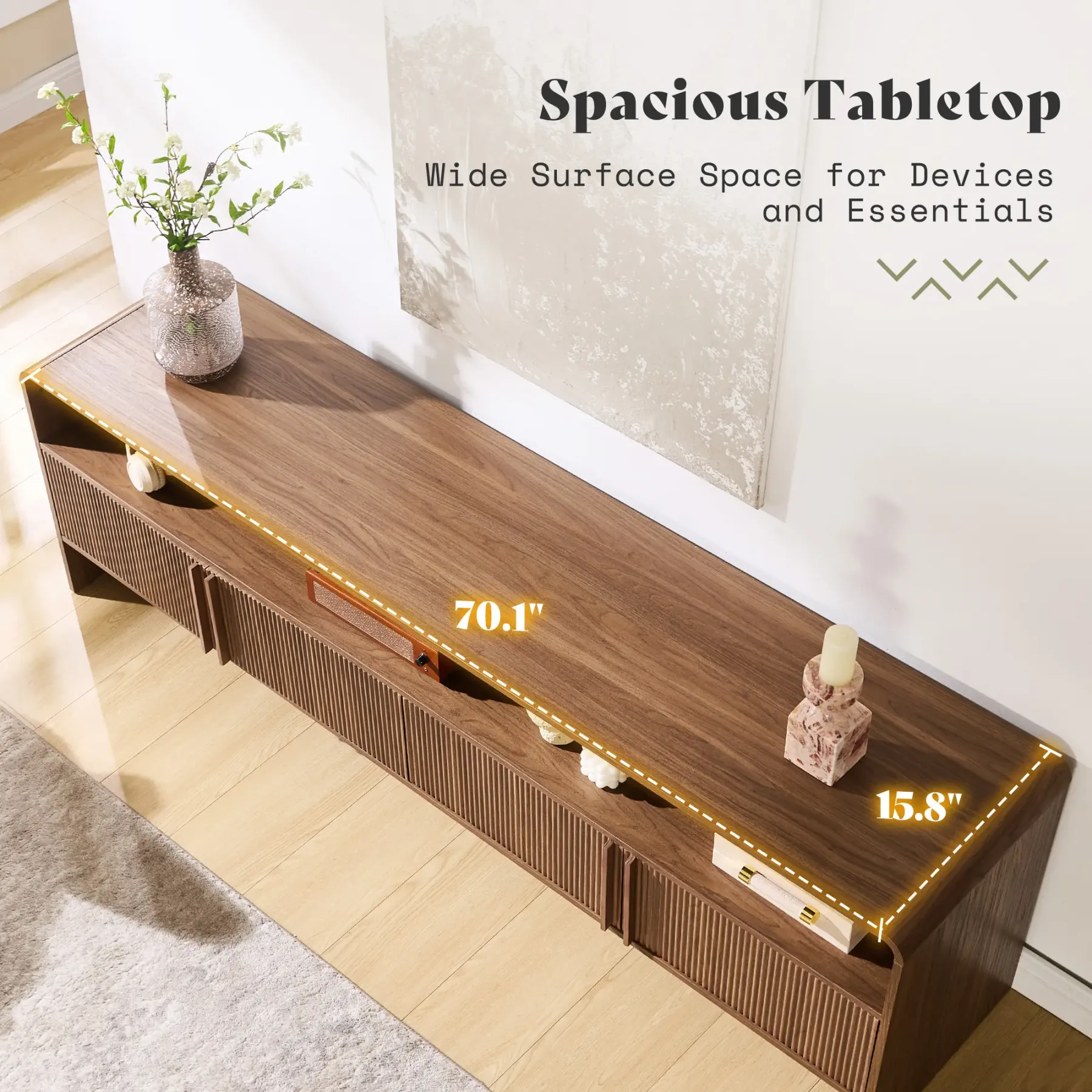 El mueble para TV moderno AMERLIFE de 70 pulgadas (compatible con televisores de hasta 80 pulgadas), fabricado en madera, presenta un diseño curvo e incluye dos armarios de almacenamiento, ideal como centro de entretenimiento multimedia para la sala de es