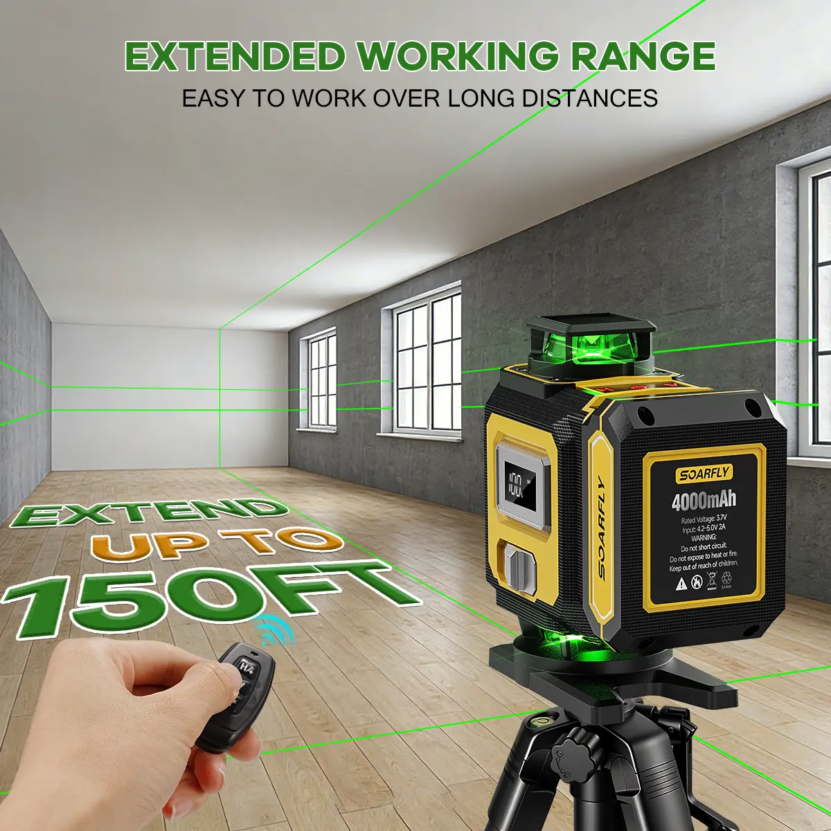 Nivel láser SOARFLY X16 con trípode, láser autonivelante de 4 x 360°, láser verde 4D de 16 líneas, herramienta de líneas cruzadas con 2 baterías para azulejos, colgar cuadros y reformas del hogar.