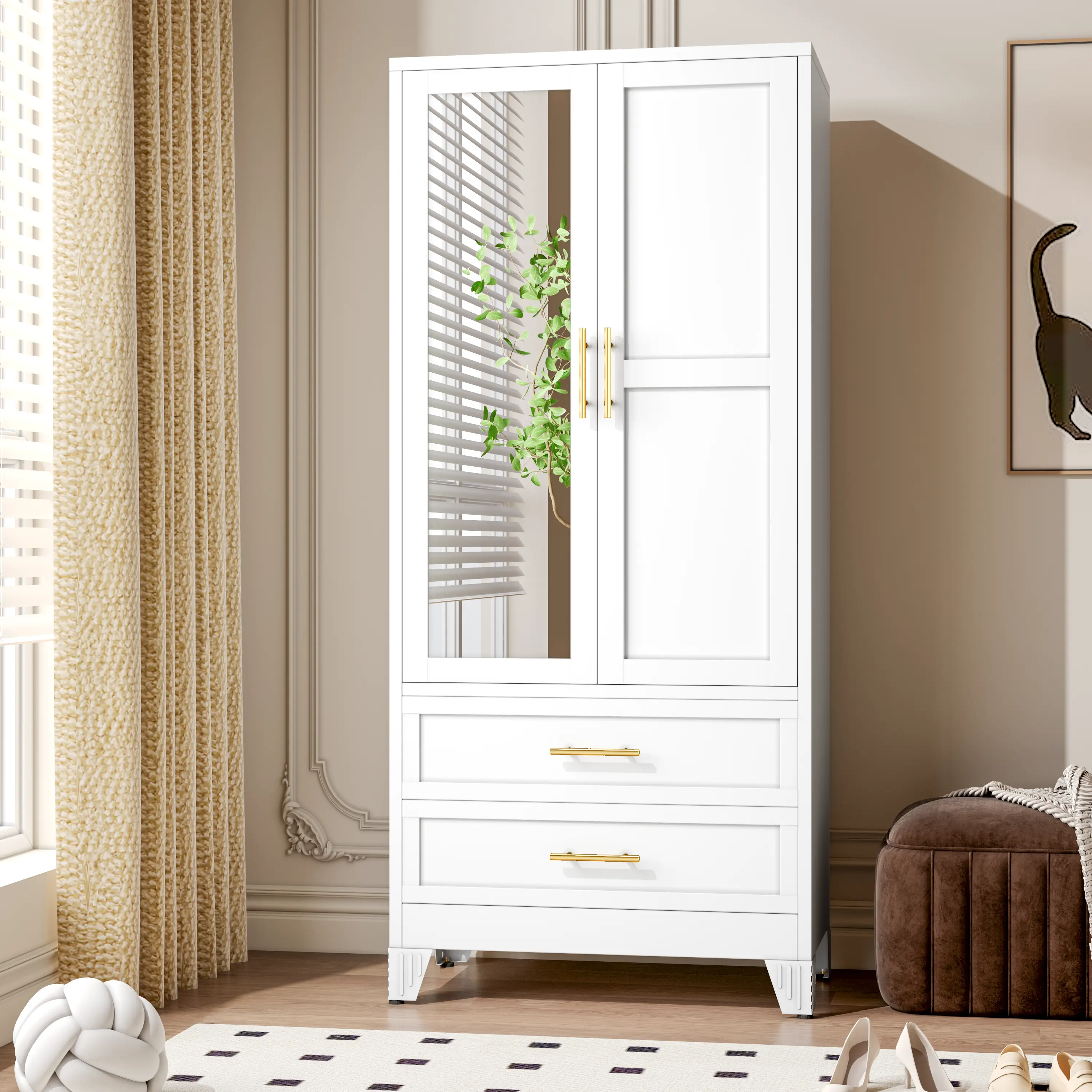 Armario metálico de 180 cm de altura para dormitorio con espejo, 2 cajones, estantes ajustables y barra para colgar ropa. Armario de acero para ropa y almacenamiento para dormitorio.