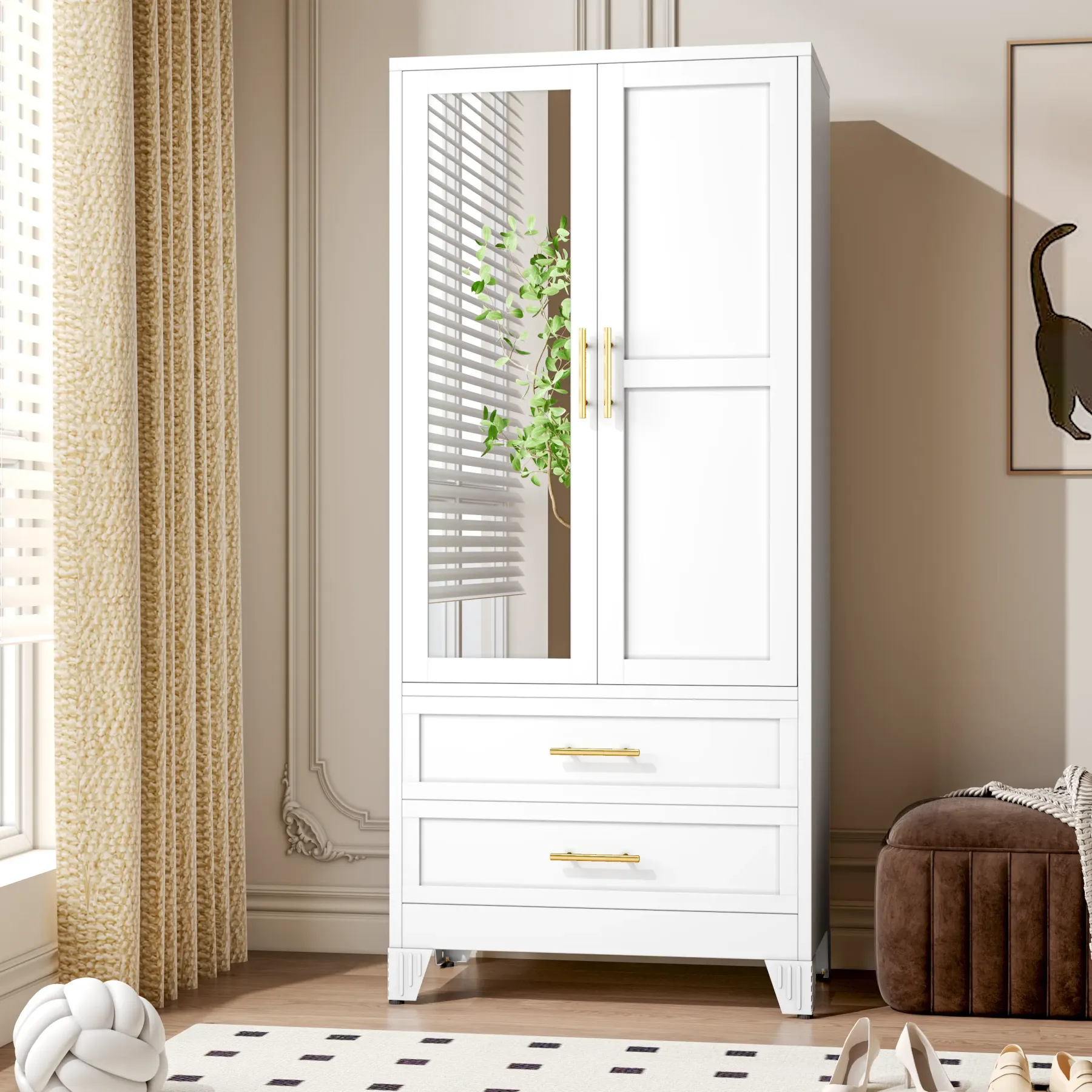 Armario metálico de 180 cm de altura para dormitorio con espejo, 2 cajones, estantes ajustables y barra para colgar ropa. Armario de acero para ropa y almacenamiento para dormitorio.
