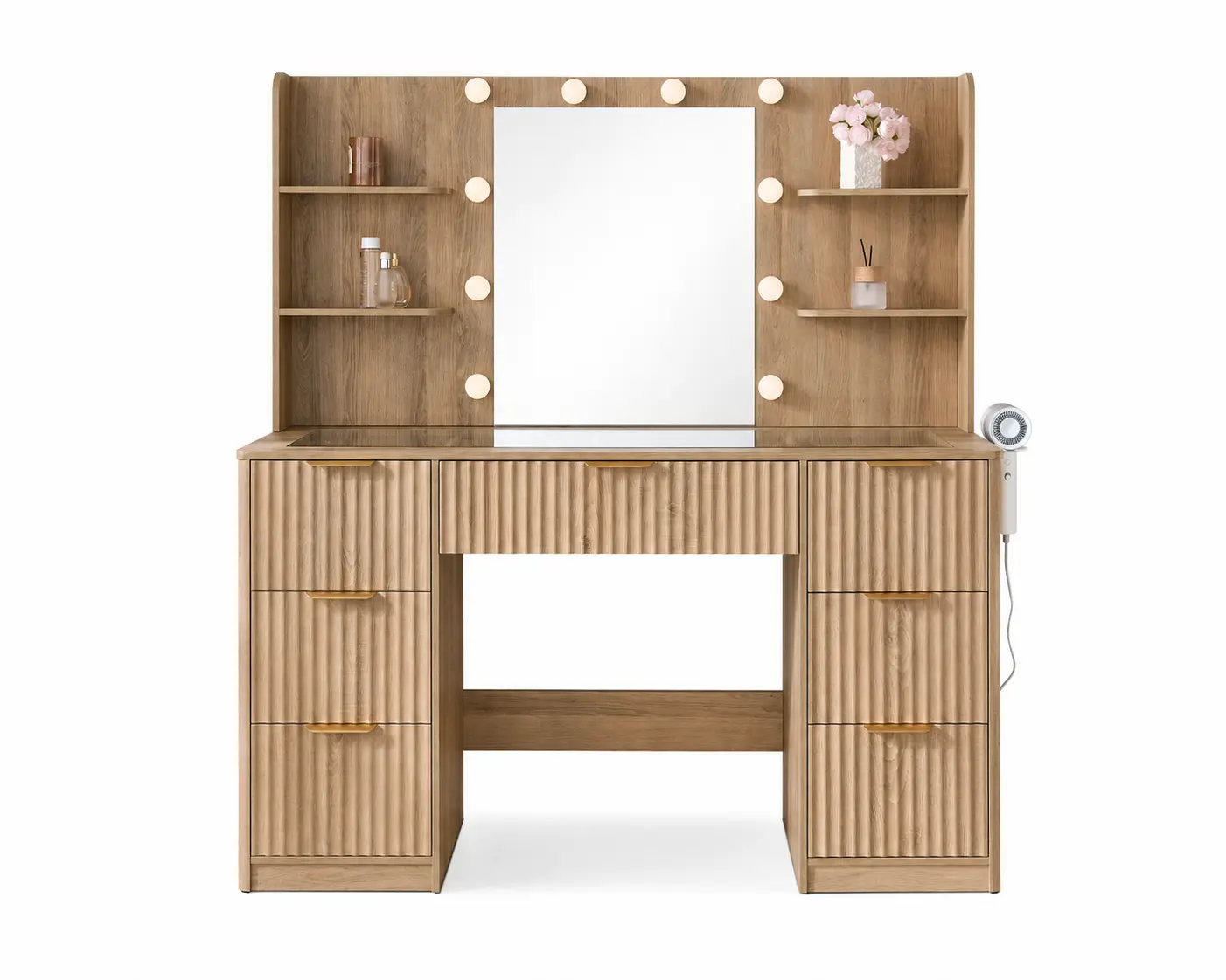 Tocador empotrado AMERLIFE de 36,2/47,2 pulgadas con espejo y luz LED ajustable, 4/7 cajones grandes, encimera de cristal y estación de carga, perfecto para mujeres y niñas.