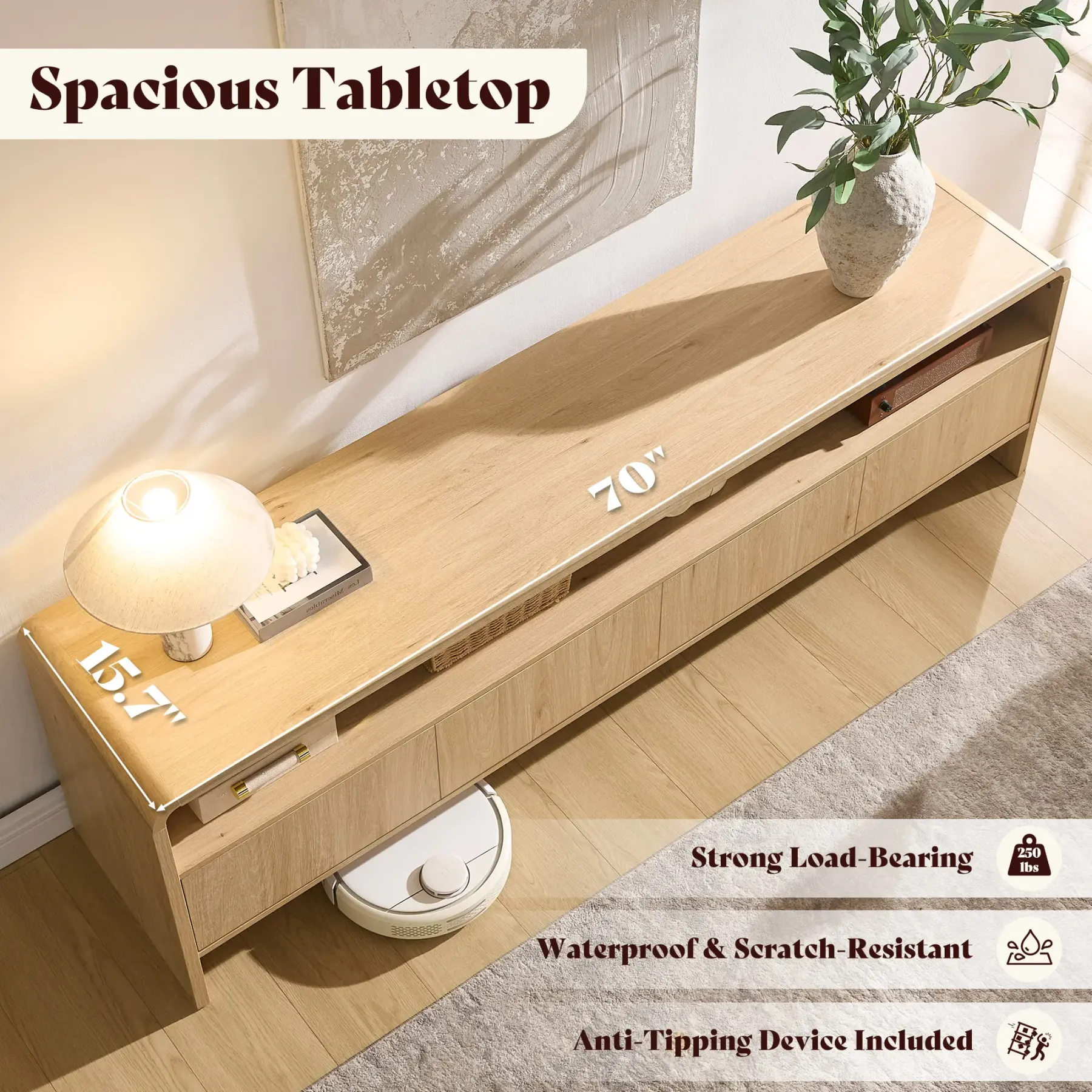 El mueble para TV moderno AMERLIFE de 70 pulgadas (compatible con televisores de hasta 80 pulgadas), fabricado en madera, presenta un diseño curvo e incluye dos armarios de almacenamiento, ideal como centro de entretenimiento multimedia para la sala de es