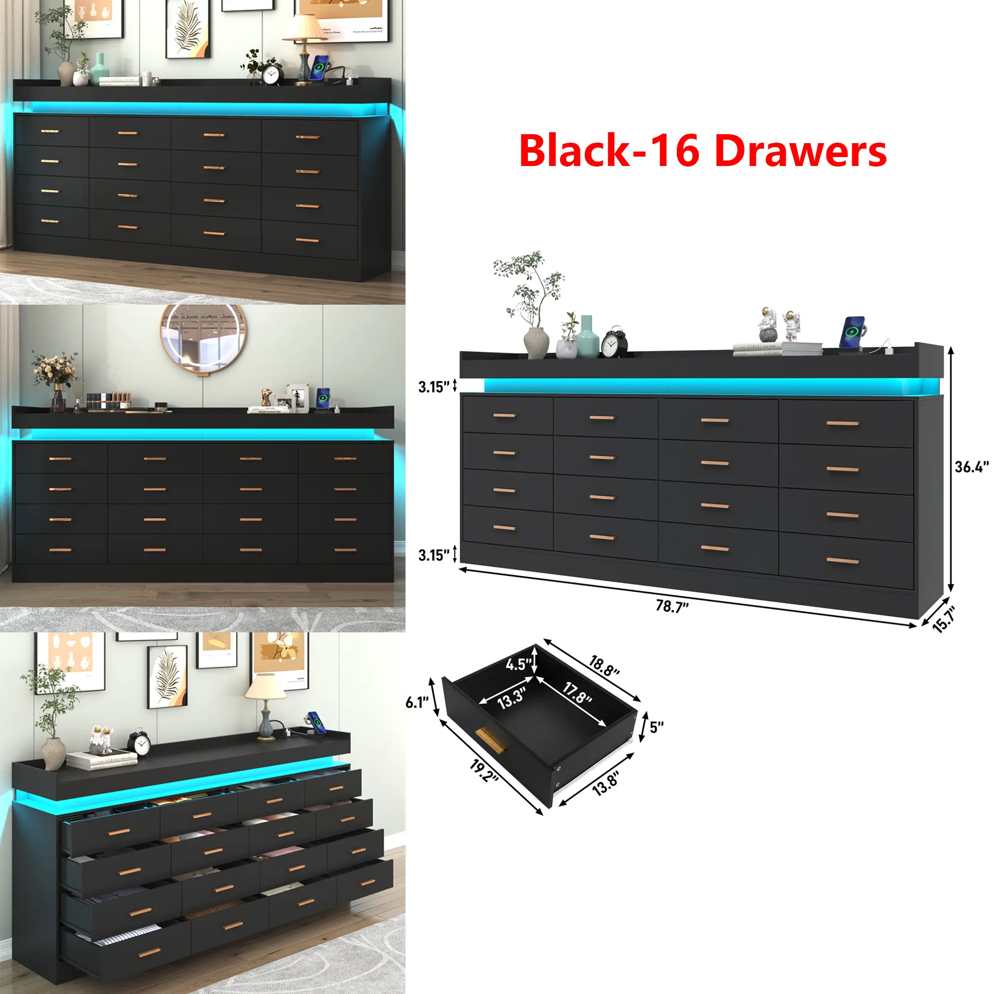 Cómoda con luz LED y estación de carga, cómoda moderna para armario, amplio mueble organizador de cajones para dormitorio, sala de estar, recibidor y pasillo.