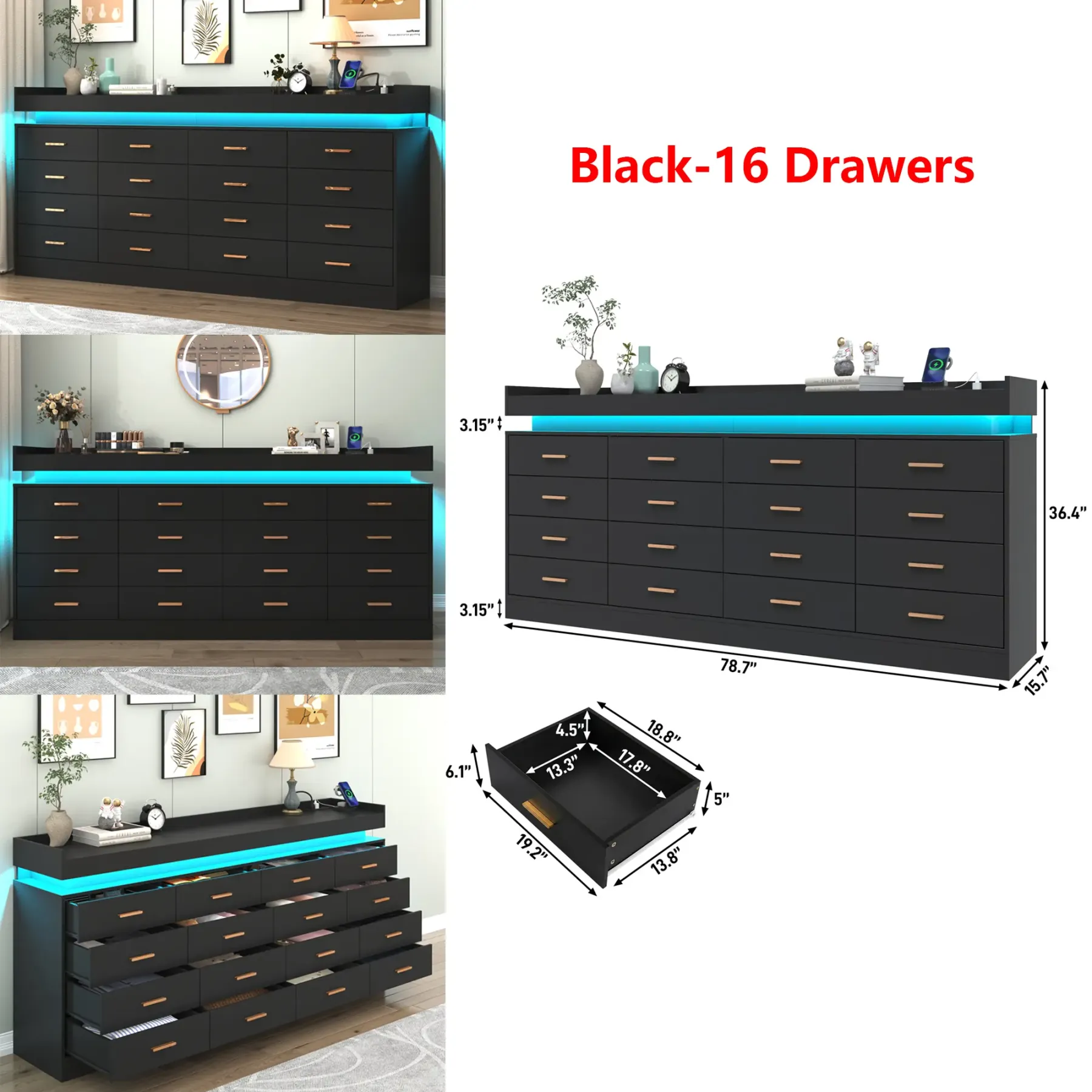 Cómoda con luz LED y estación de carga, cómoda moderna para armario, amplio mueble organizador de cajones para dormitorio, sala de estar, recibidor y pasillo.