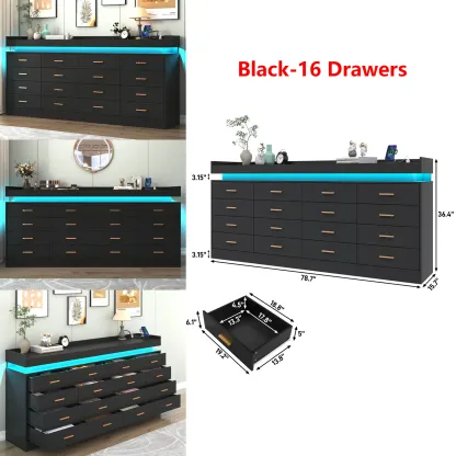 Cómoda con luz LED y estación de carga, cómoda moderna para armario, amplio mueble organizador de cajones para dormitorio, sala de estar, recibidor y pasillo.