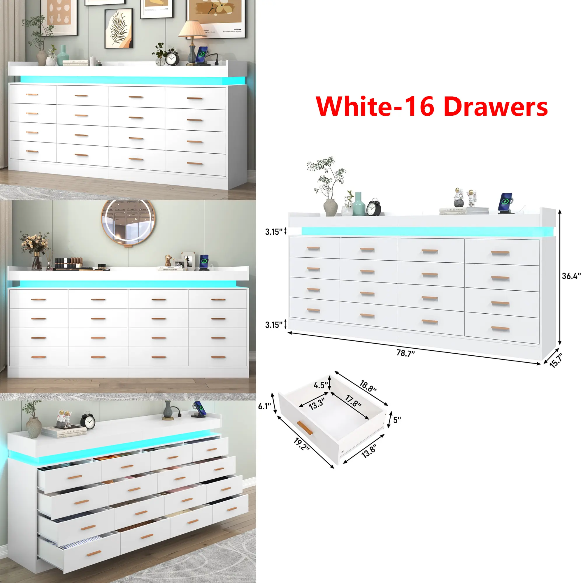 Cómoda con luz LED y estación de carga, cómoda moderna para armario, amplio mueble organizador de cajones para dormitorio, sala de estar, recibidor y pasillo.