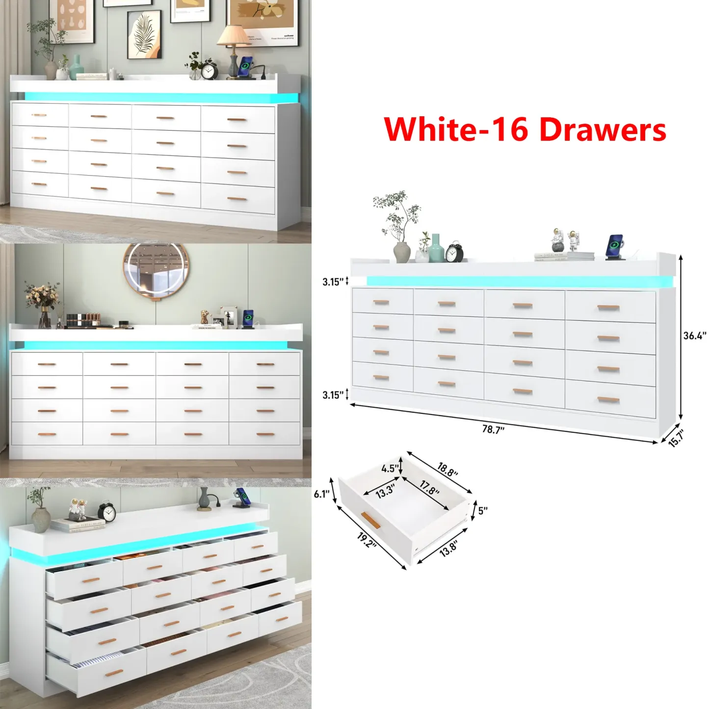 Cómoda con luz LED y estación de carga, cómoda moderna para armario, amplio mueble organizador de cajones para dormitorio, sala de estar, recibidor y pasillo.