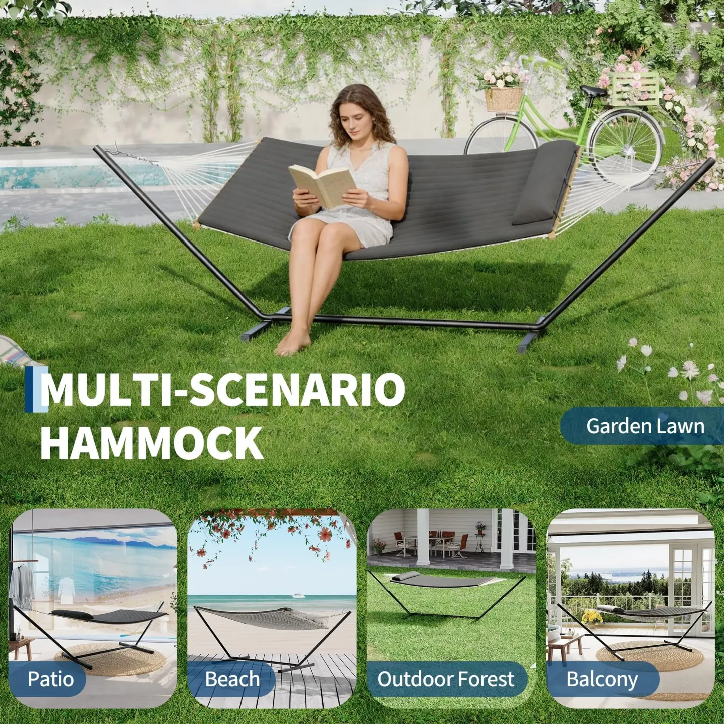 Hamaca doble con soporte incluido - Hamaca resistente de 215 kg para 2 personas con almohadilla y almohada de tela acolchada - Barra separadora de madera dura y soporte de acero portátil de 3,6 m para jardín, patio e interiores