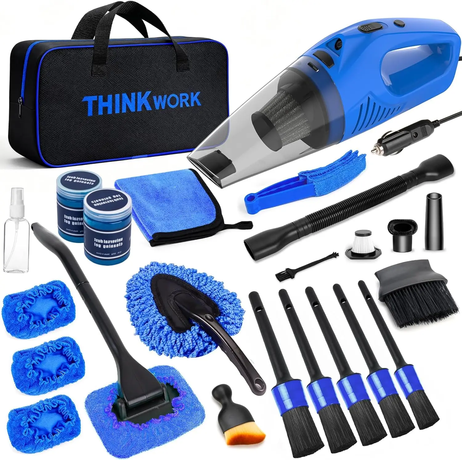 Kit de limpieza y detallado de coches THINKWORK, kit de limpieza de coches con aspiradora de mano azul de alta potencia, juegos de cepillos, limpiaparabrisas, accesorios para coches, set de regalo para coches