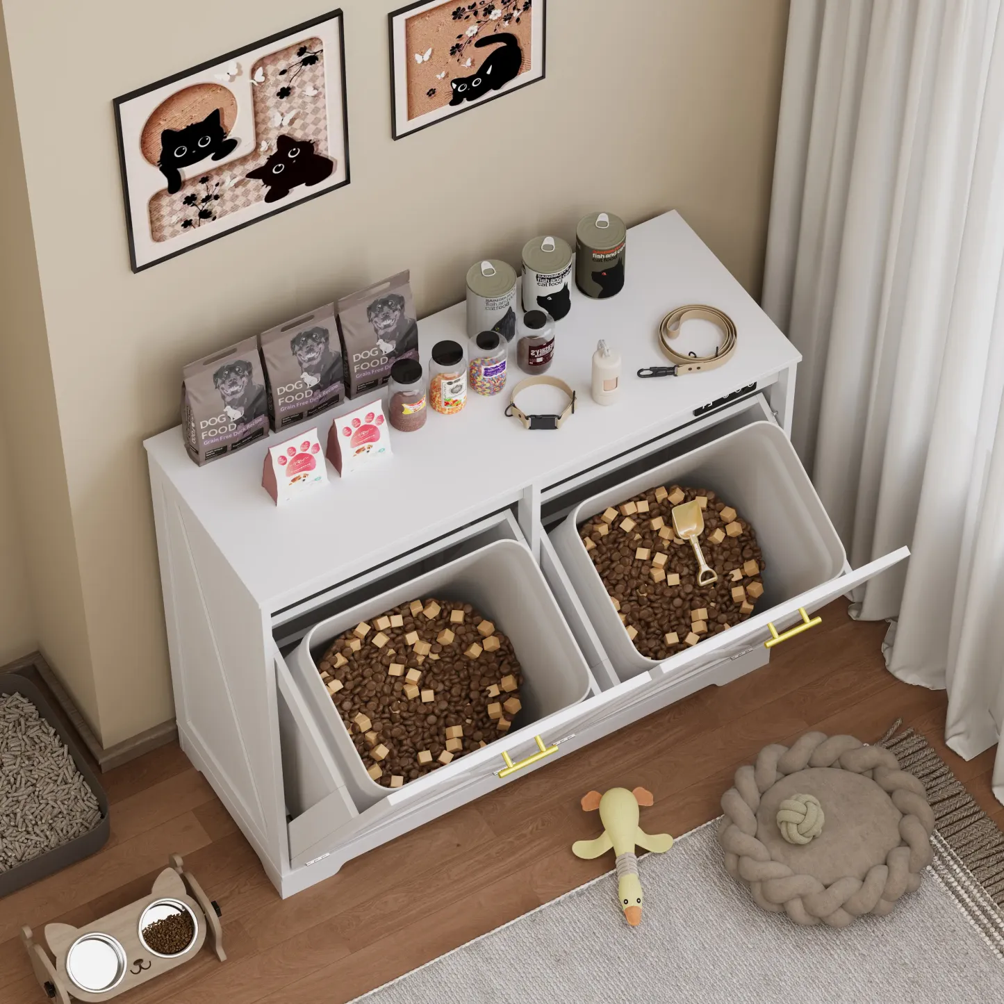 Armario basculante para 2 contenedores de basura, compartimento oculto para reciclaje, armario doble de madera para lavandería con control de olores, iones negativos y ozono, para cocina, baño, lavadero, artículos esenciales para dormitorios, decoración d