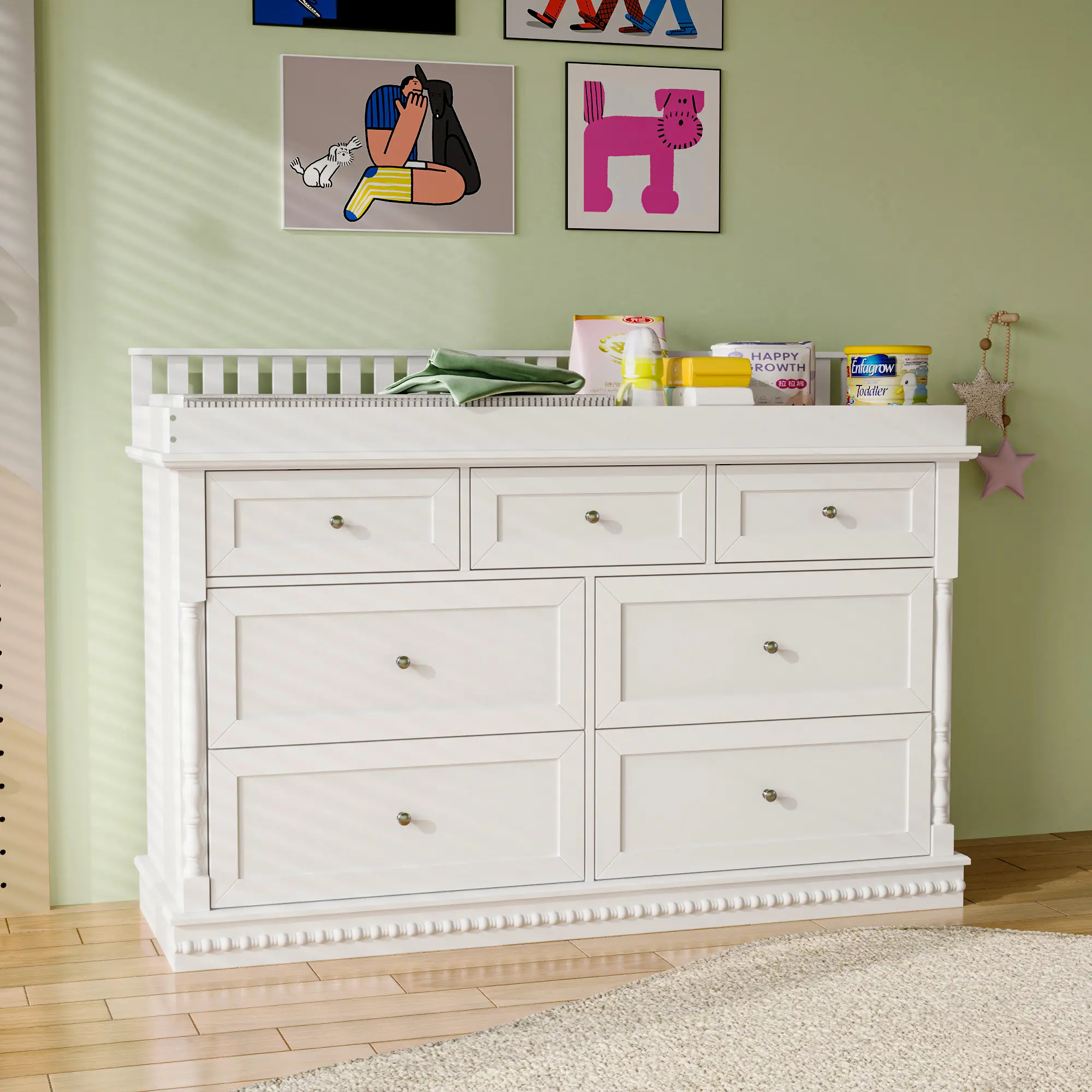 Cómoda cambiador Deborah en blanco antiguo con estantes a la vista, 5 cajones a la vista y espacio para cambiador, fabricada en madera de ingeniería de alta calidad.