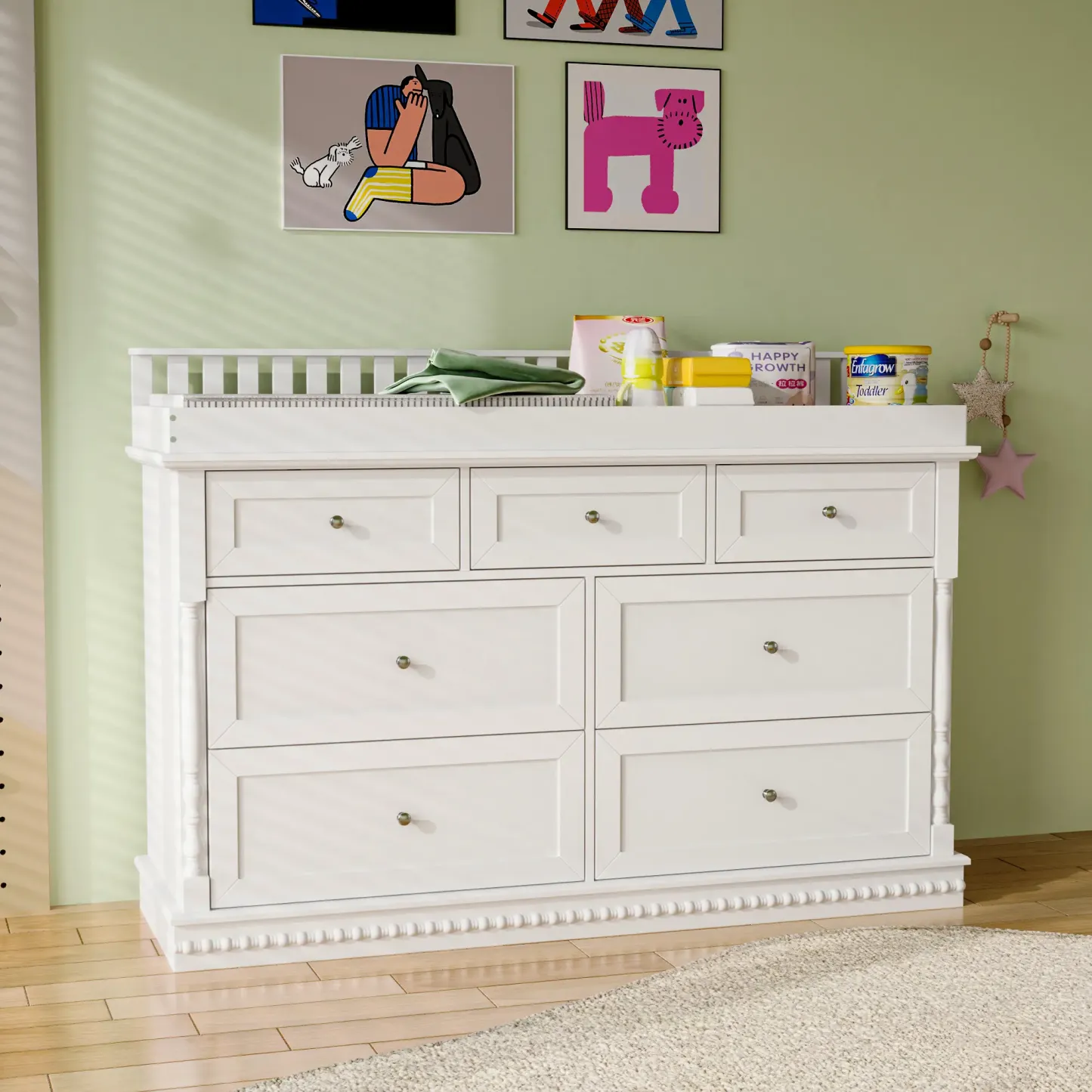 Cómoda cambiador Deborah en blanco antiguo con estantes a la vista, 5 cajones a la vista y espacio para cambiador, fabricada en madera de ingeniería de alta calidad.