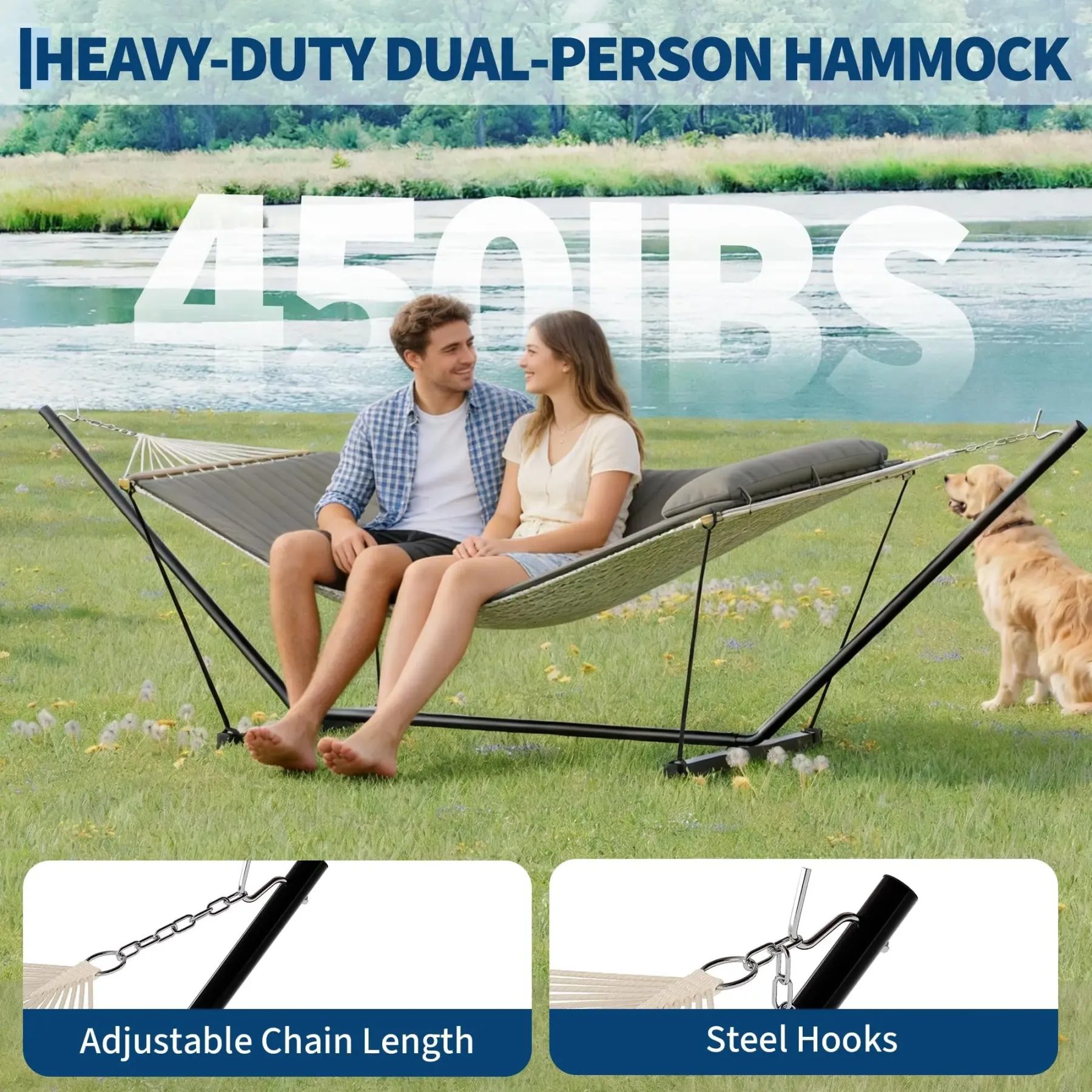 Hamaca doble con soporte incluido - Hamaca resistente de 215 kg para 2 personas con almohadilla y almohada de tela acolchada - Barra separadora de madera dura y soporte de acero portátil de 3,6 m para jardín, patio e interiores