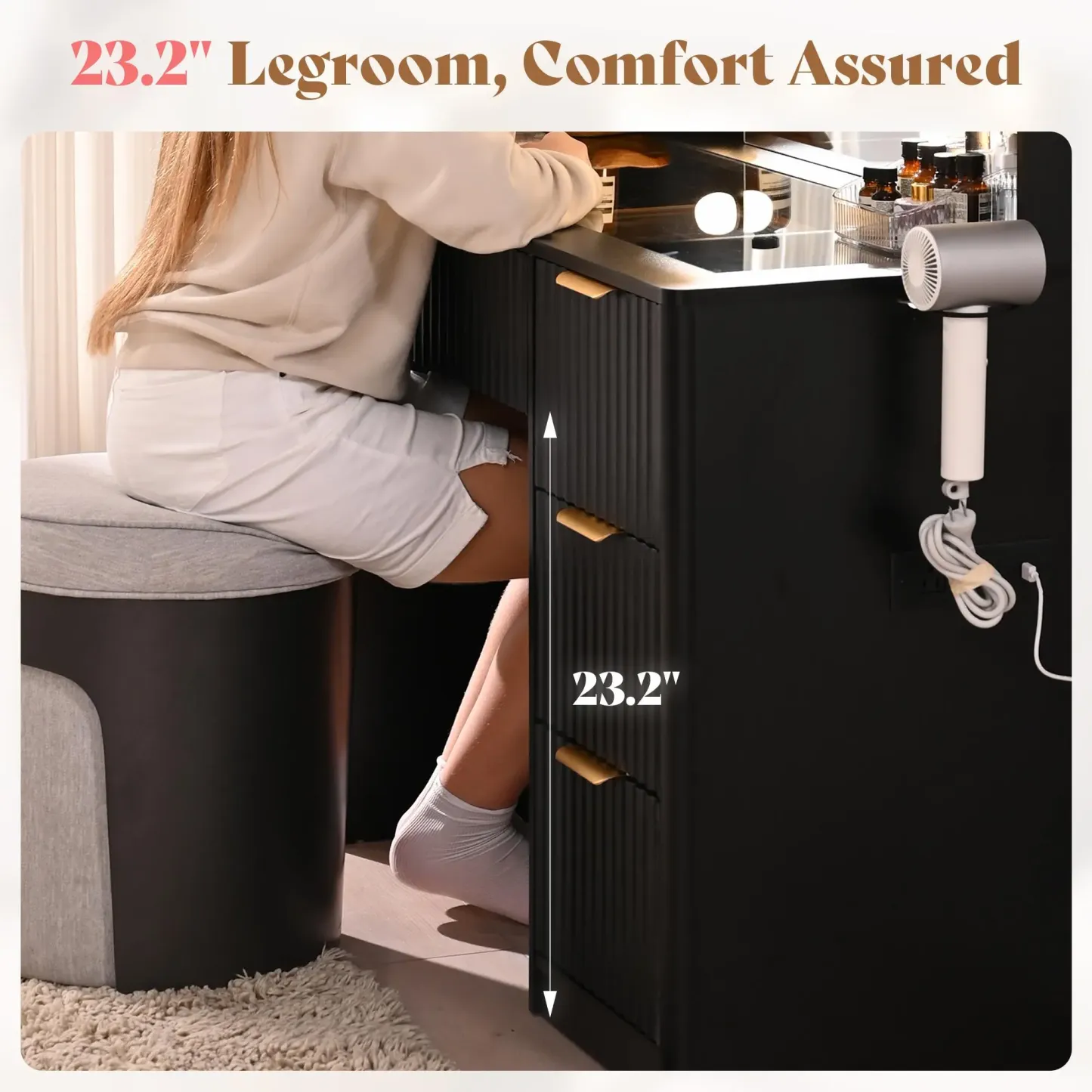 Tocador empotrado AMERLIFE de 36,2/47,2 pulgadas con espejo y luz LED ajustable, 4/7 cajones grandes, encimera de cristal y estación de carga, perfecto para mujeres y niñas.