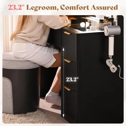Tocador empotrado AMERLIFE de 36,2/47,2 pulgadas con espejo y luz LED ajustable, 4/7 cajones grandes, encimera de cristal y estación de carga, perfecto para mujeres y niñas.